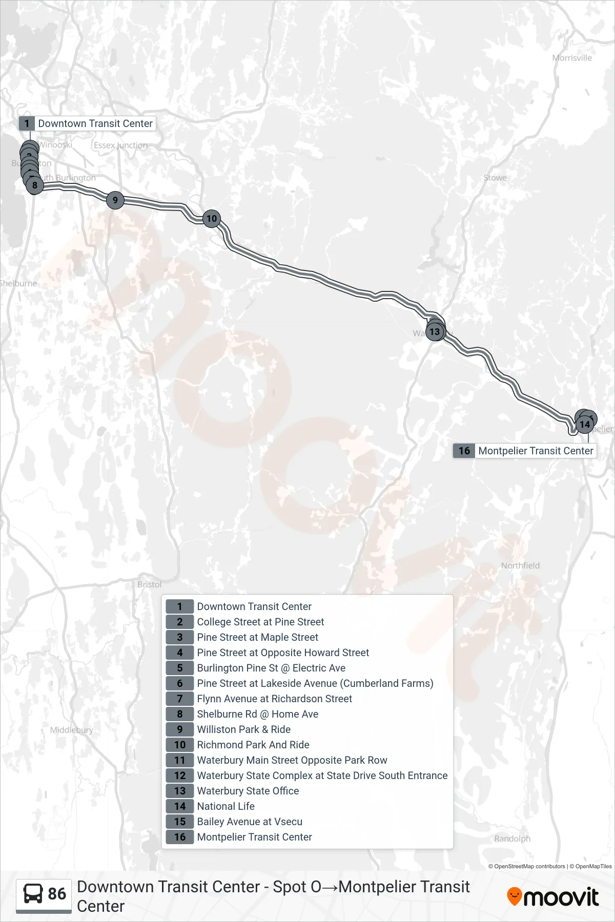 86 bus Line (Downtown Transit Center - Spot O→Montpelier Transit Center) route and stops on a map