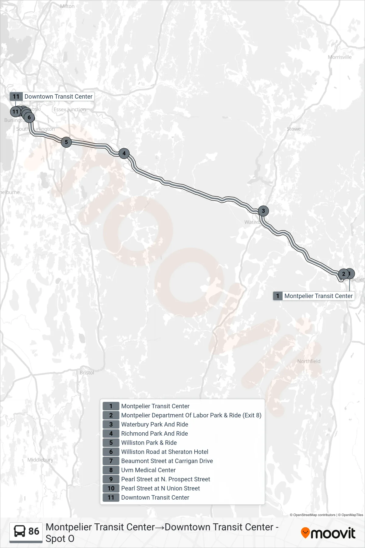 86 bus Line (Montpelier Transit Center→Downtown Transit Center - Spot O) route and stops on a map