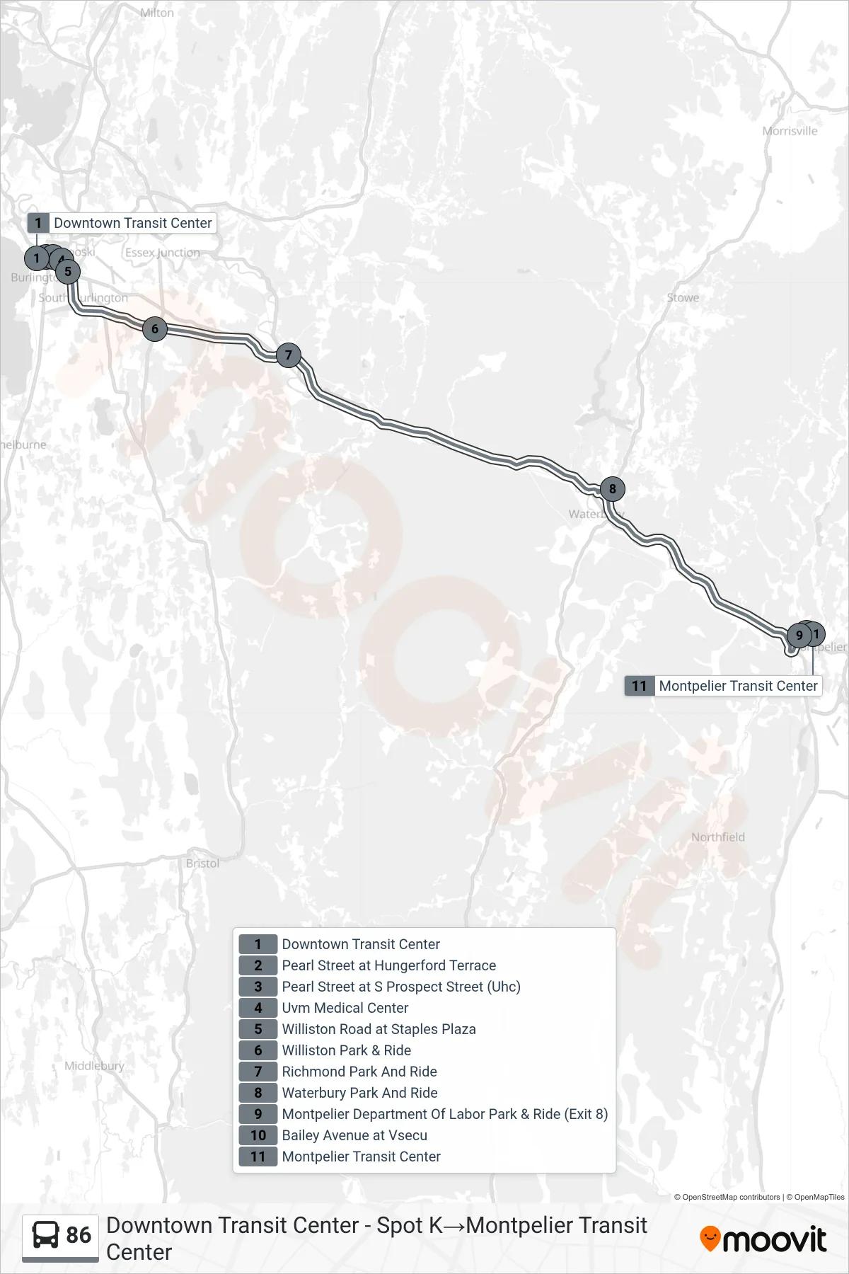 86 bus Line (Downtown Transit Center - Spot K→Montpelier Transit Center) route and stops on a map