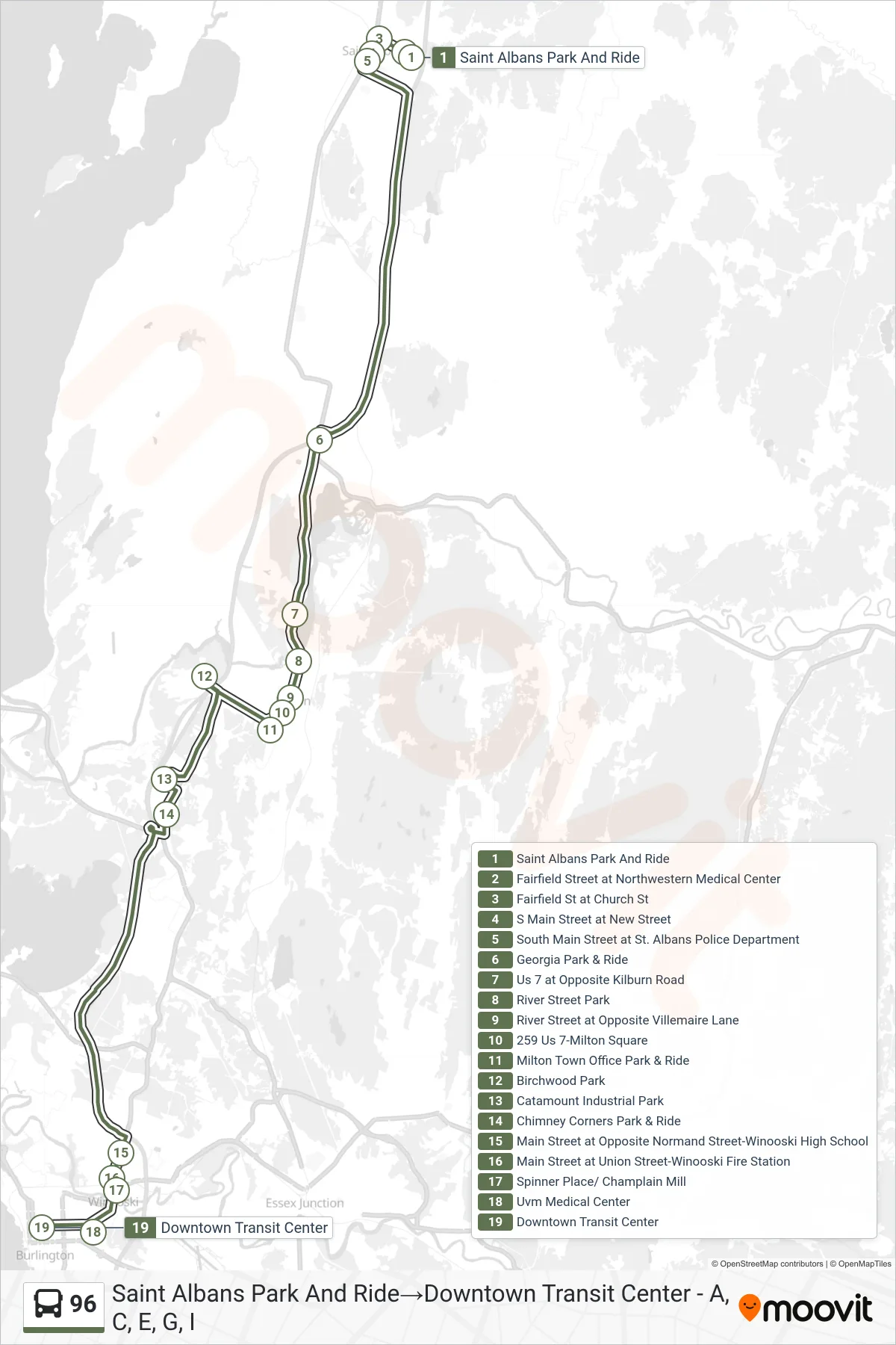 96 bus Line (Saint Albans Park And Ride→Downtown Transit Center - A, C, E, G, I) route and stops on a map
