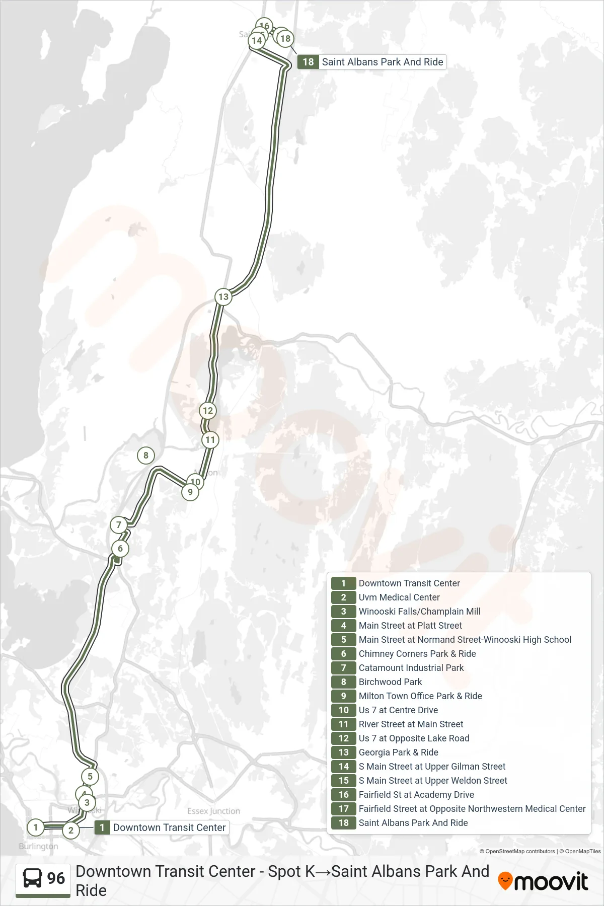 96 bus Line (Downtown Transit Center - Spot K→Saint Albans Park And Ride) route and stops on a map