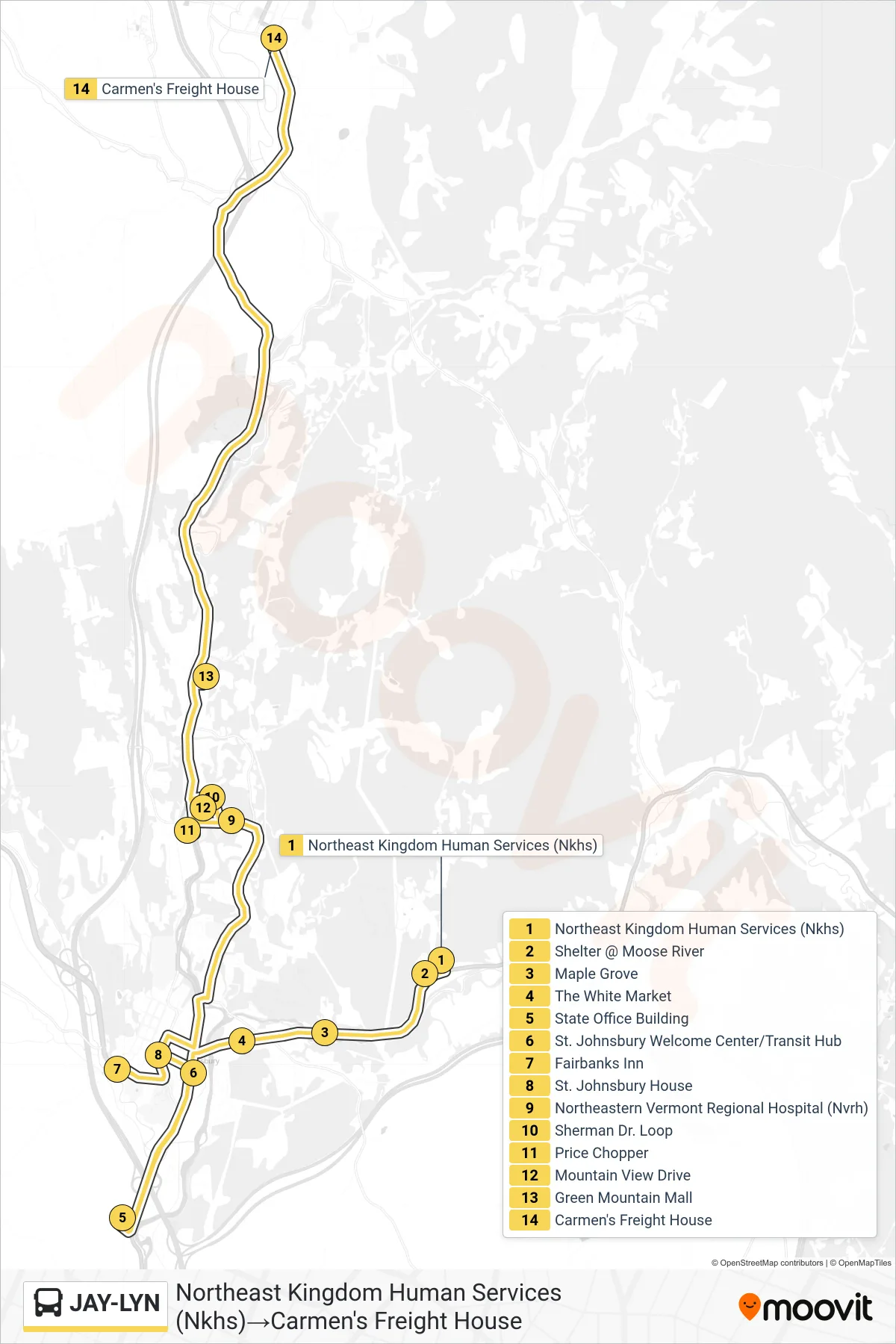 JAY-LYN bus Line (Northeast Kingdom Human Services (Nkhs)‎→Carmen's Freight House) route and stops on a map