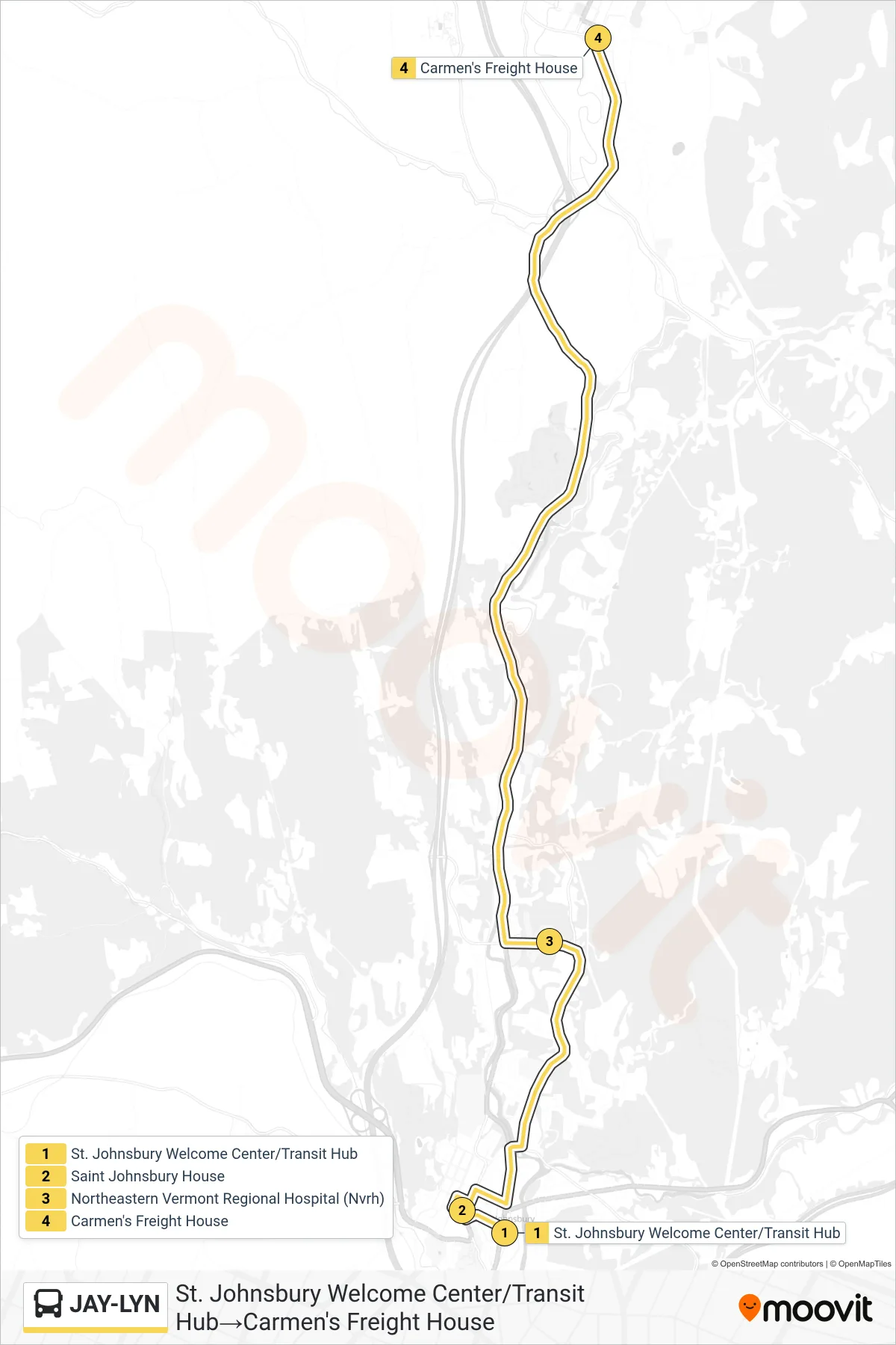 JAY-LYN bus Line (St. Johnsbury Welcome Center/Transit Hub‎→Carmen's Freight House) route and stops on a map
