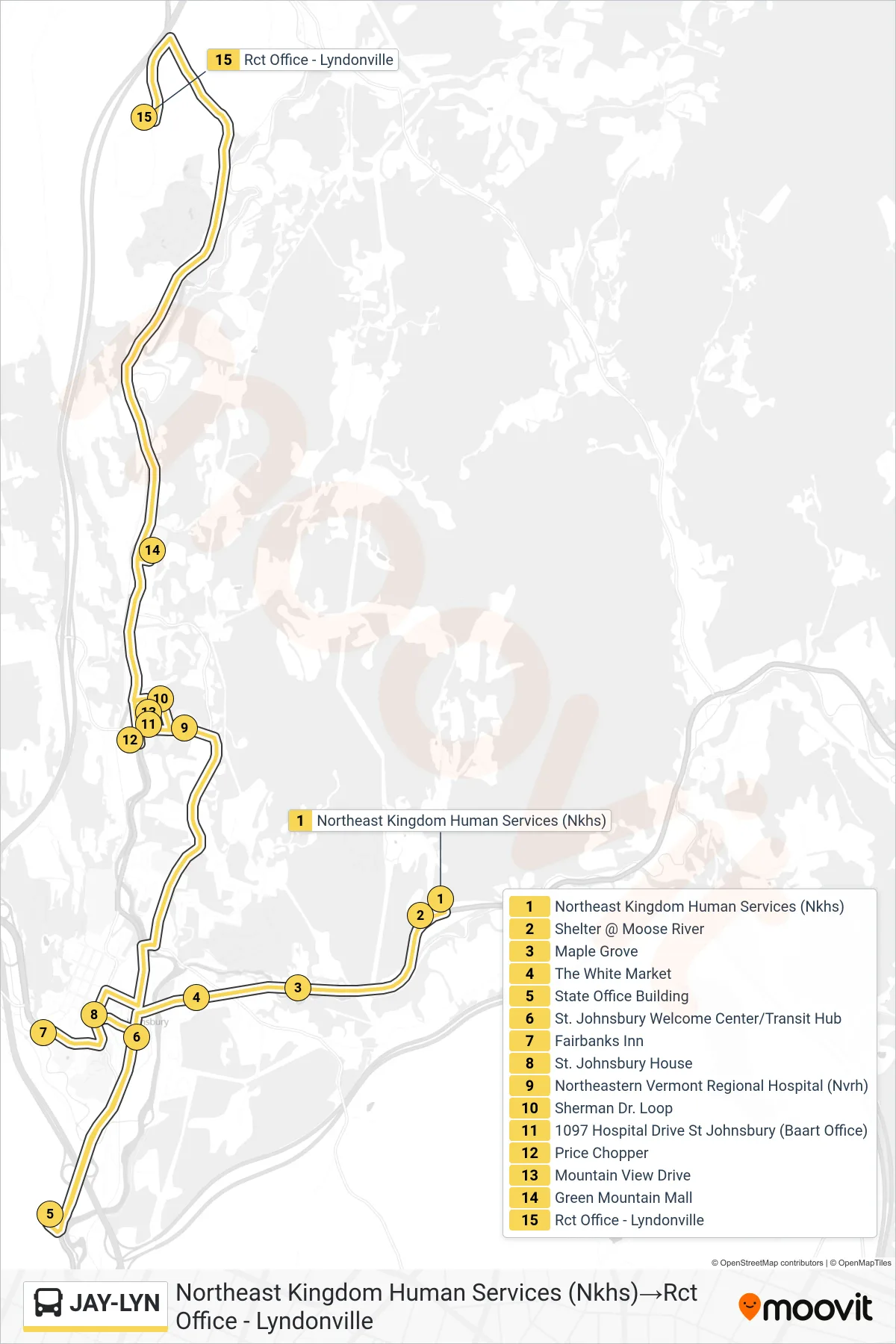 JAY-LYN bus Line (Northeast Kingdom Human Services (Nkhs)→Rct Office - Lyndonville) route and stops on a map