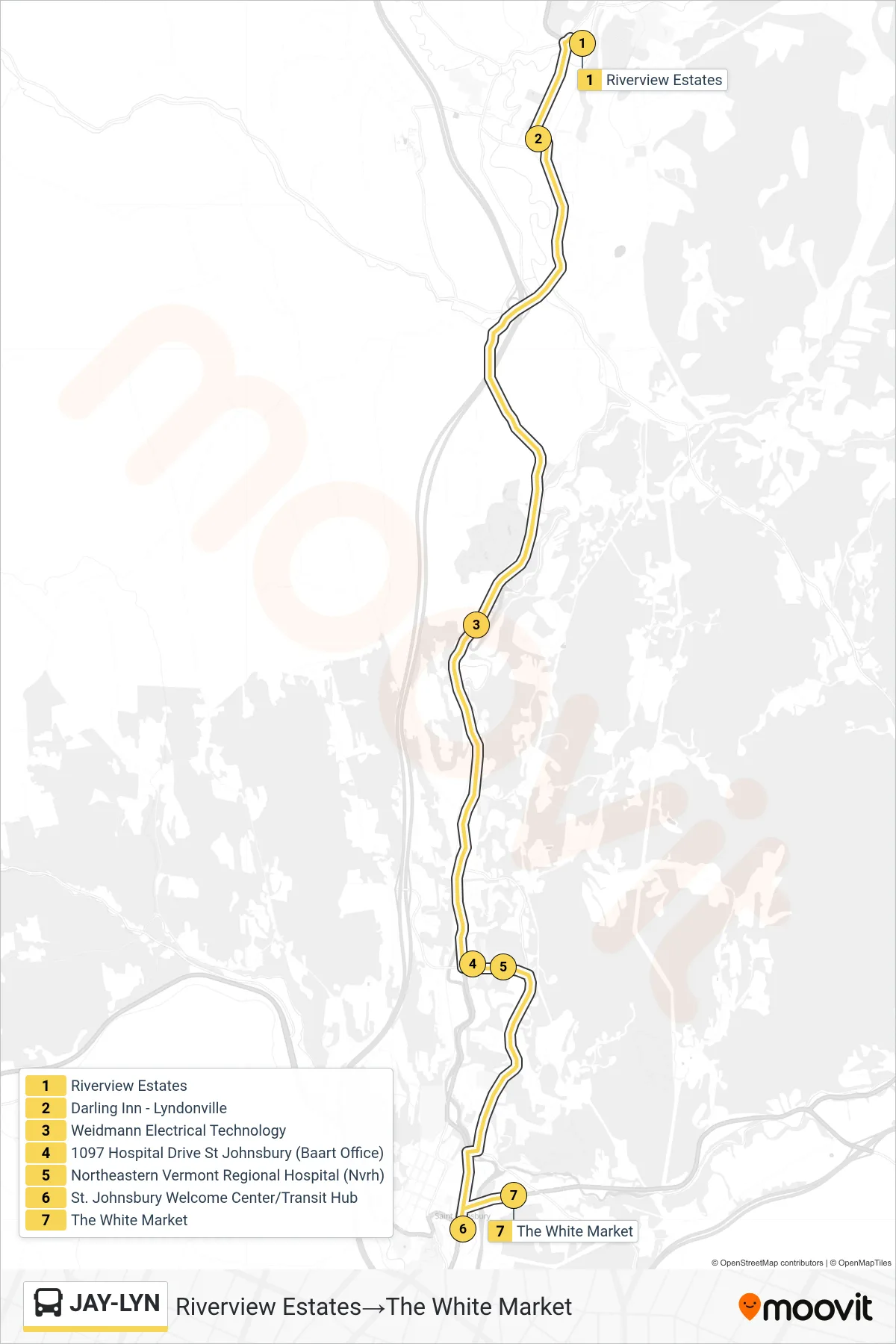 JAY-LYN bus Line (Riverview Estates‎→The White Market) route and stops on a map