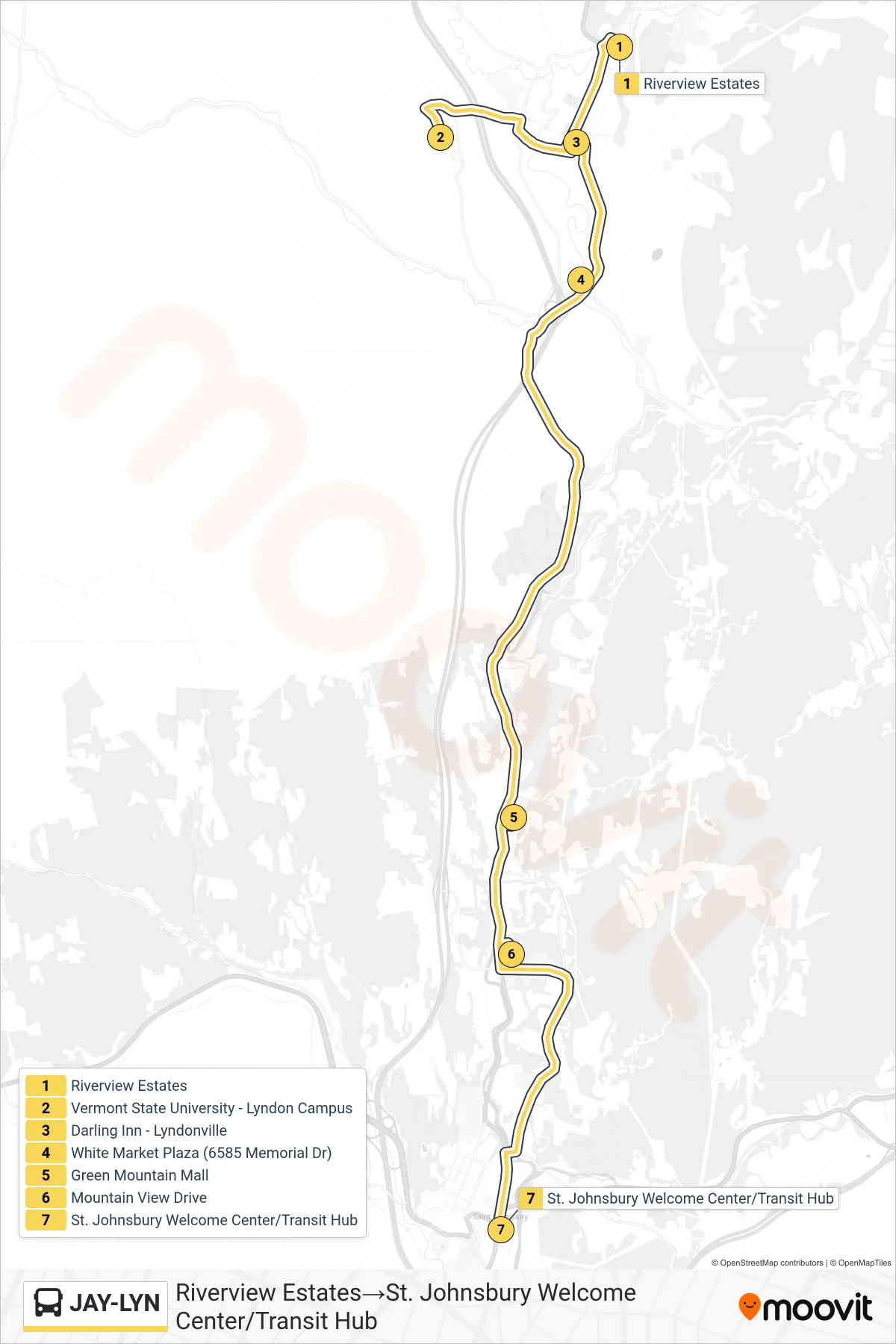 JAY-LYN bus Line (Riverview Estates→St. Johnsbury Welcome Center/Transit Hub) route and stops on a map