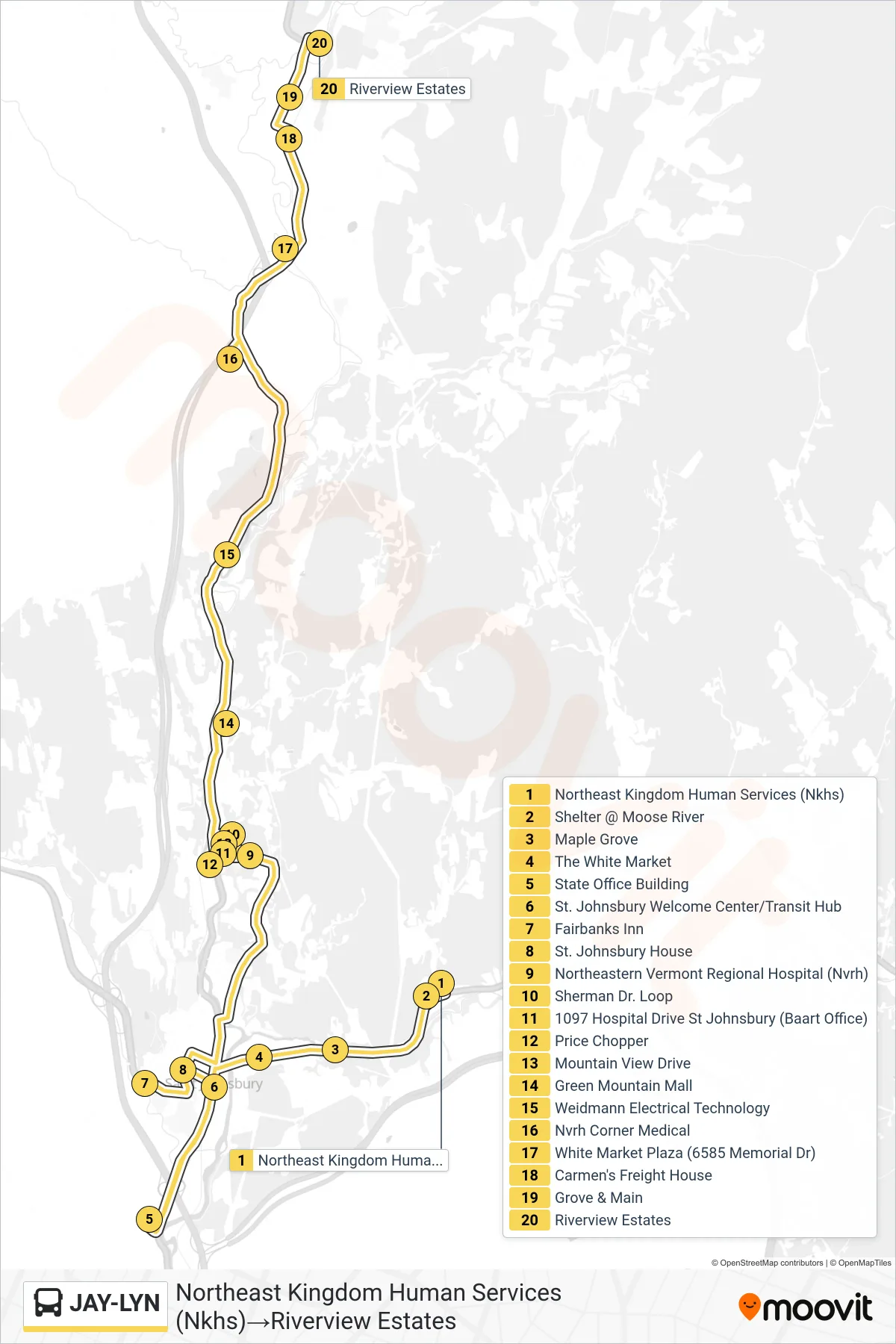 JAY-LYN bus Line (Northeast Kingdom Human Services (Nkhs)→Riverview Estates) route and stops on a map