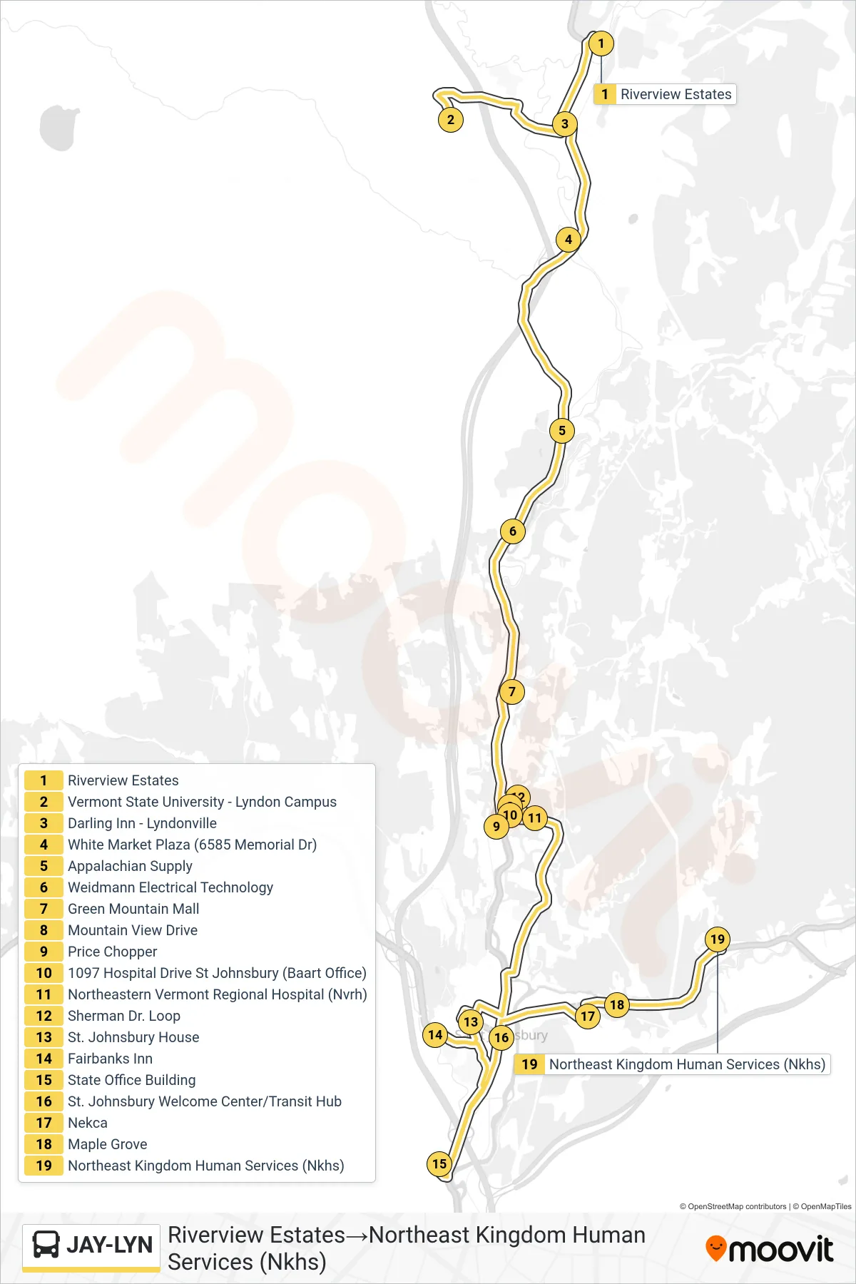 JAY-LYN bus Line (Riverview Estates→Northeast Kingdom Human Services (Nkhs)) route and stops on a map