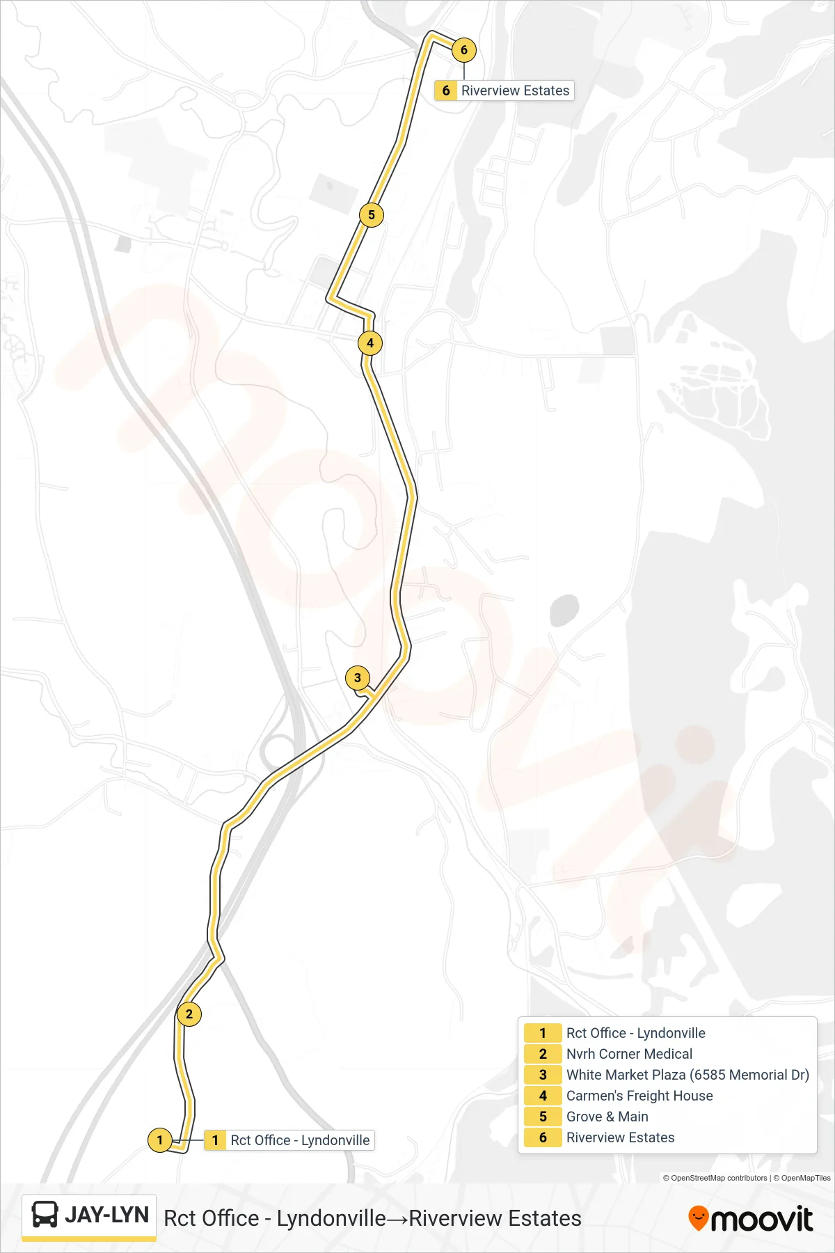JAY-LYN bus Line (Rct Office - Lyndonville→Riverview Estates) route and stops on a map