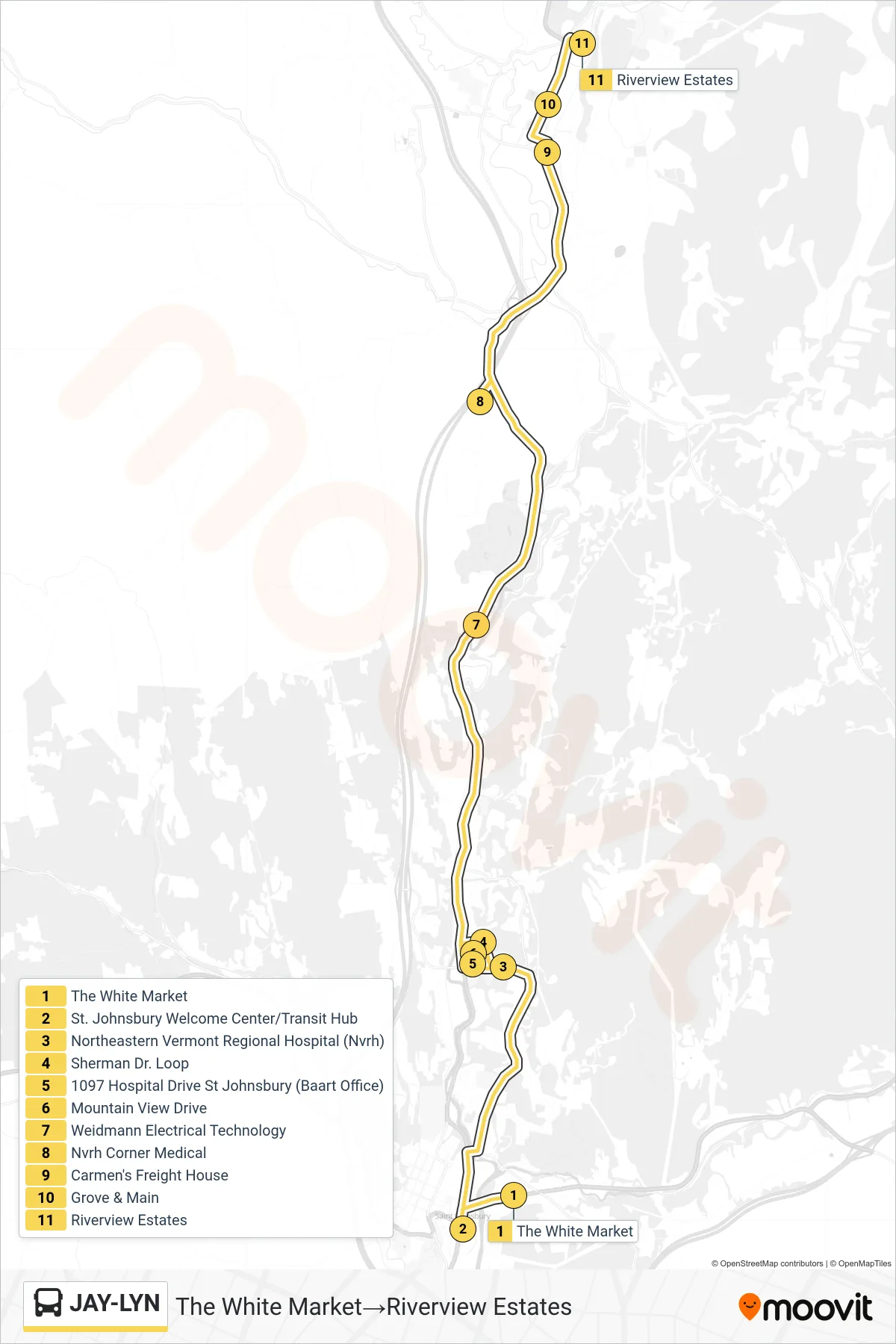JAY-LYN bus Line (The White Market→Riverview Estates) route and stops on a map