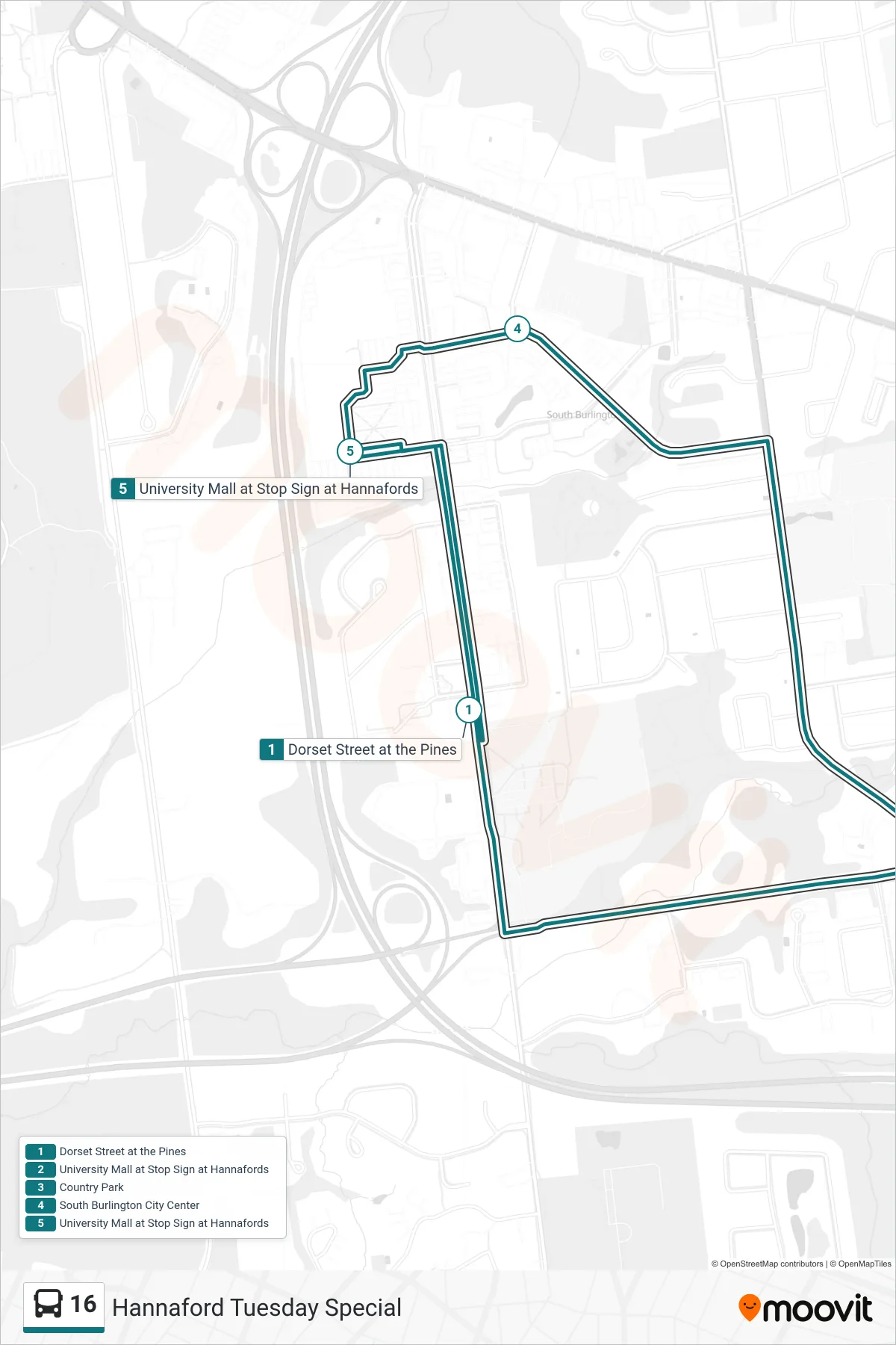 16 bus Line (Dorset Street at the Pines→University Mall at Stop Sign at Hannafords) route and stops on a map