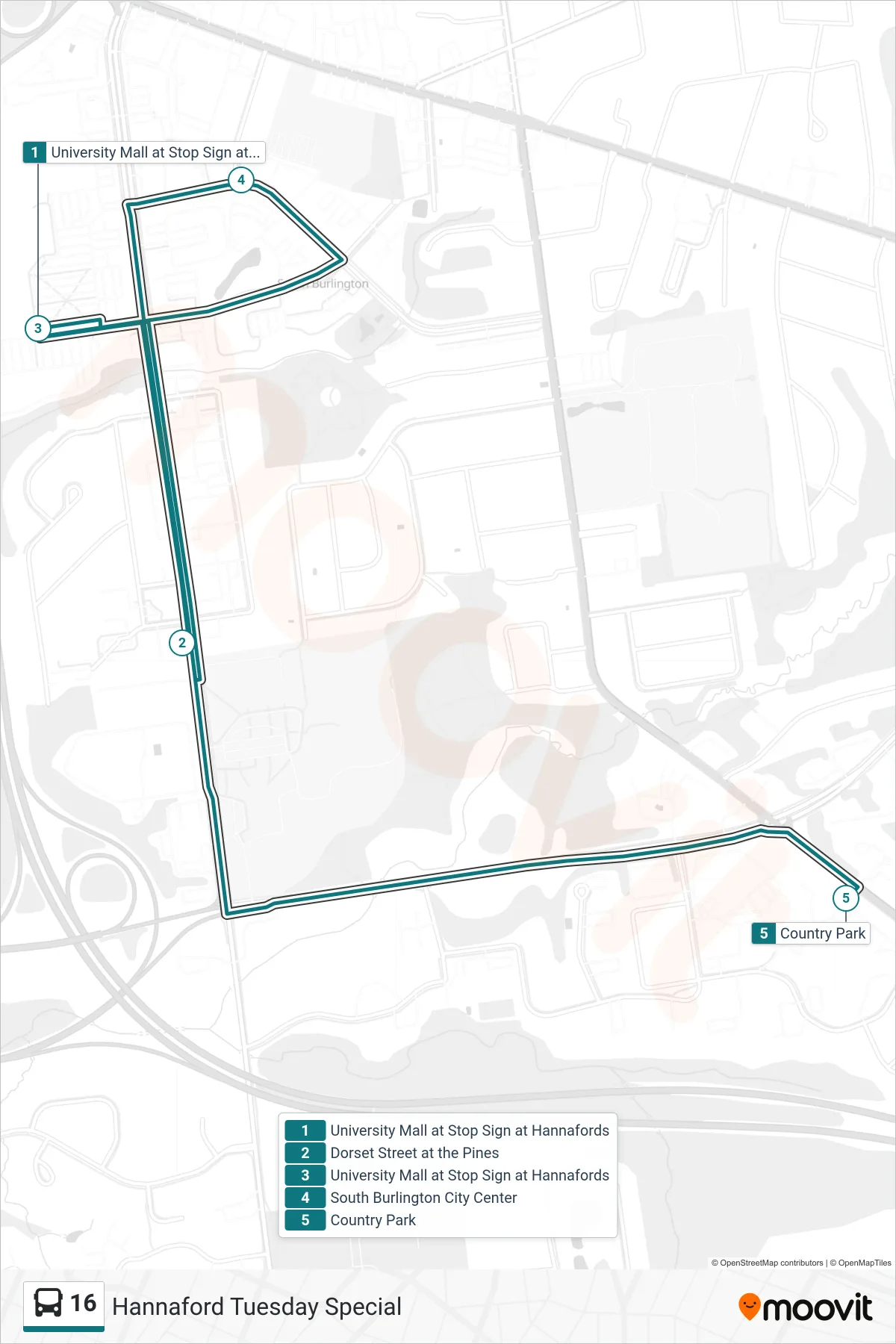 16 bus Line (University Mall at Stop Sign at Hannafords‎→Country Park) route and stops on a map