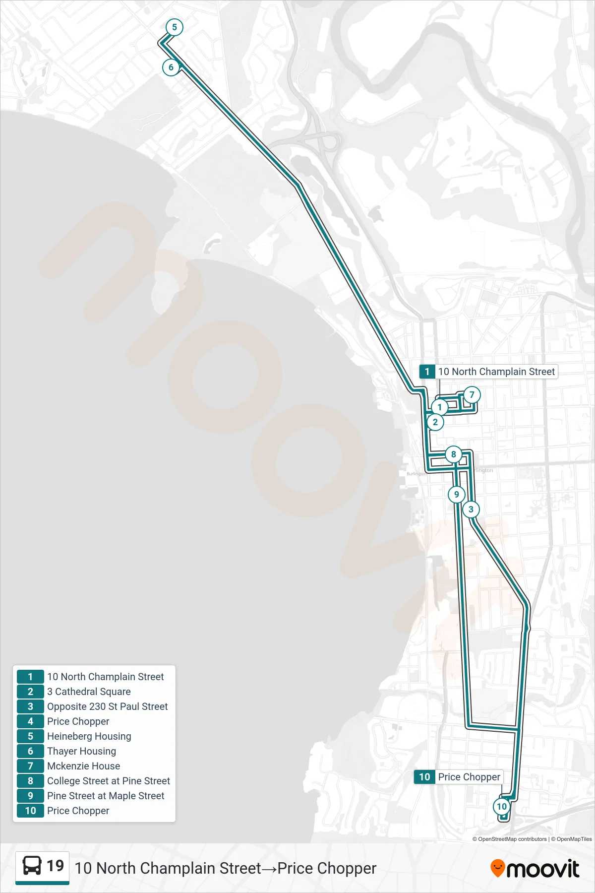19 bus Line (10 North Champlain Street‎→Price Chopper) route and stops on a map