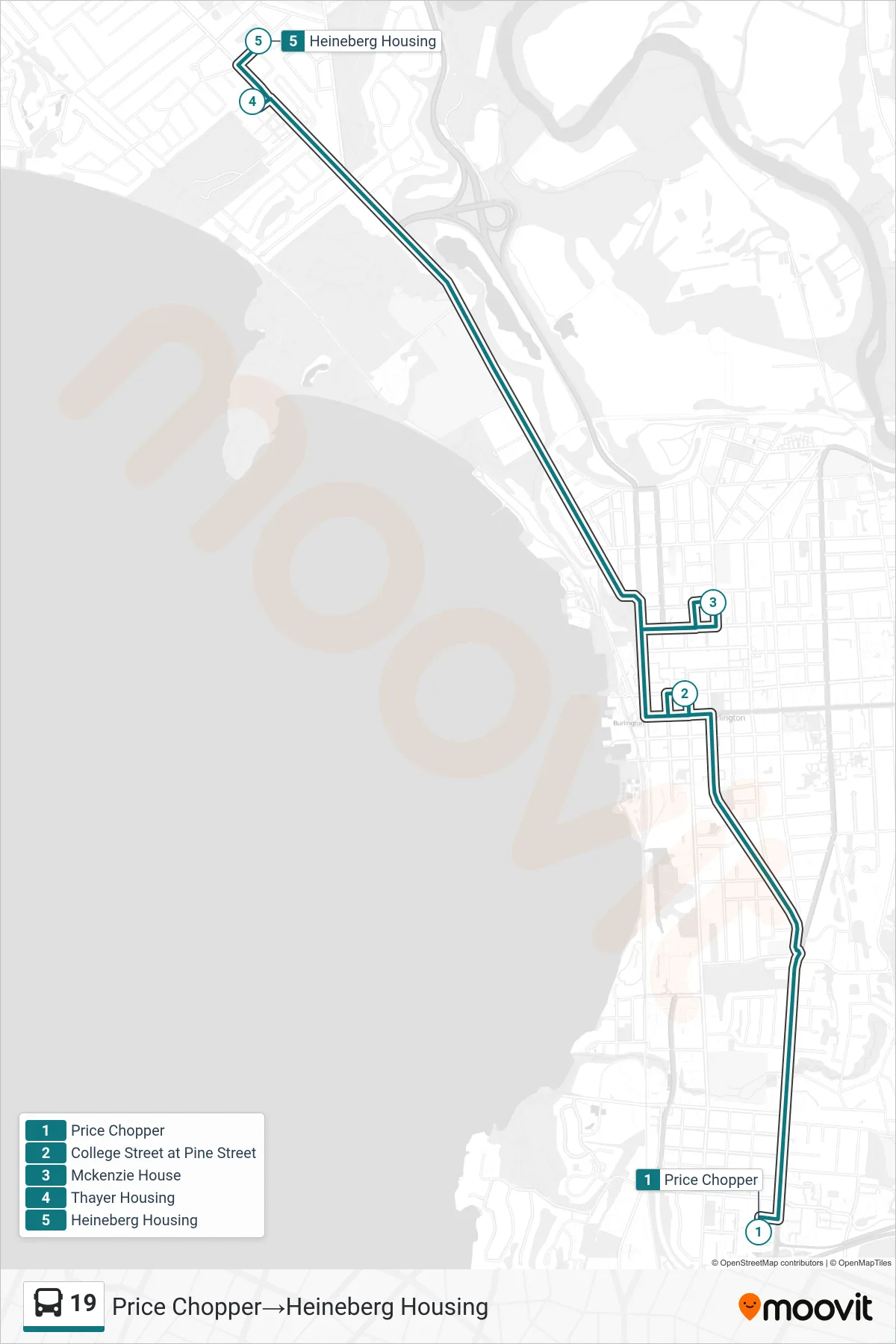 19 bus Line (Price Chopper→Heineberg Housing) route and stops on a map