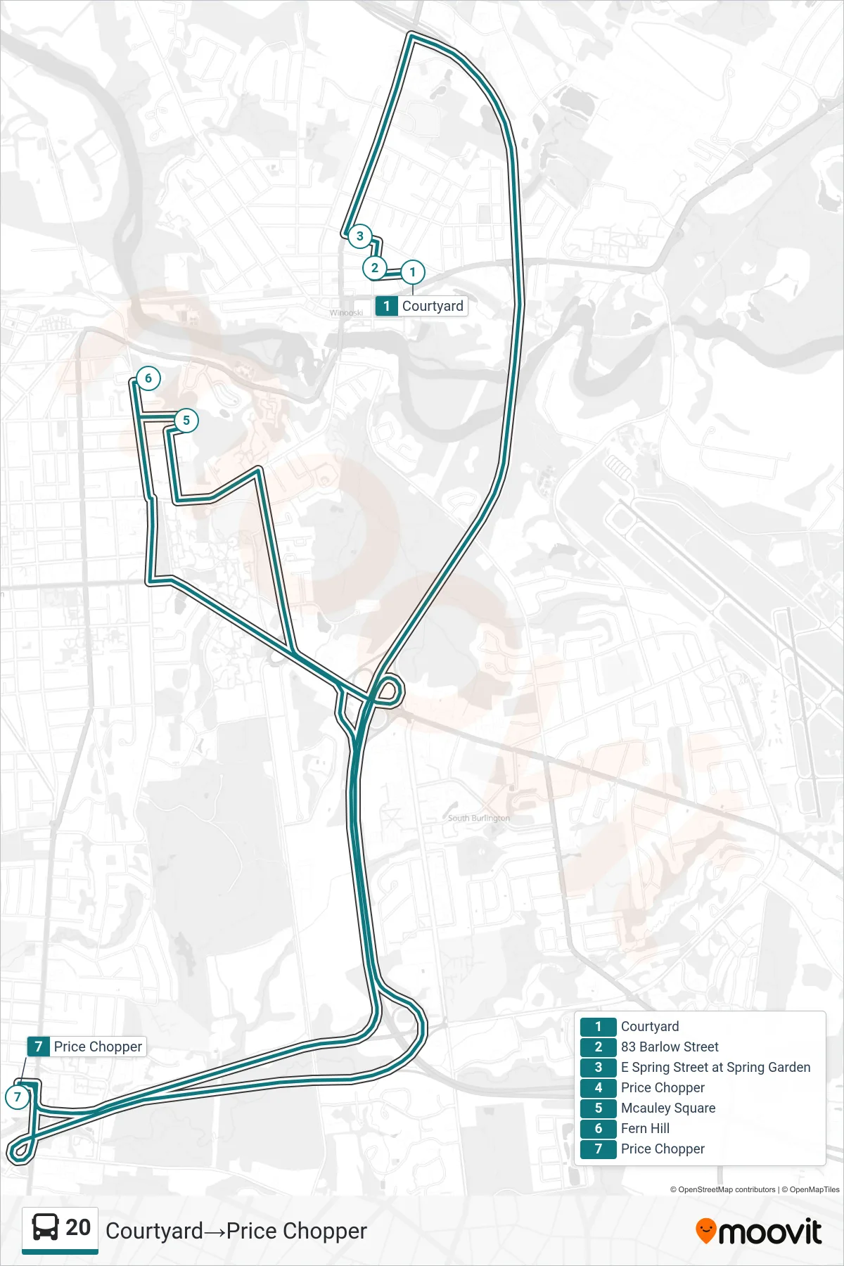 20 bus Line (Courtyard‎→Price Chopper) route and stops on a map