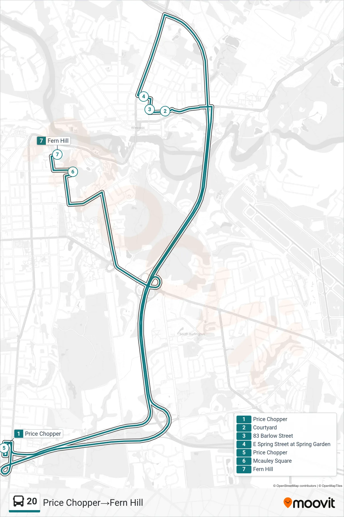 20 bus Line (Price Chopper→Fern Hill) route and stops on a map