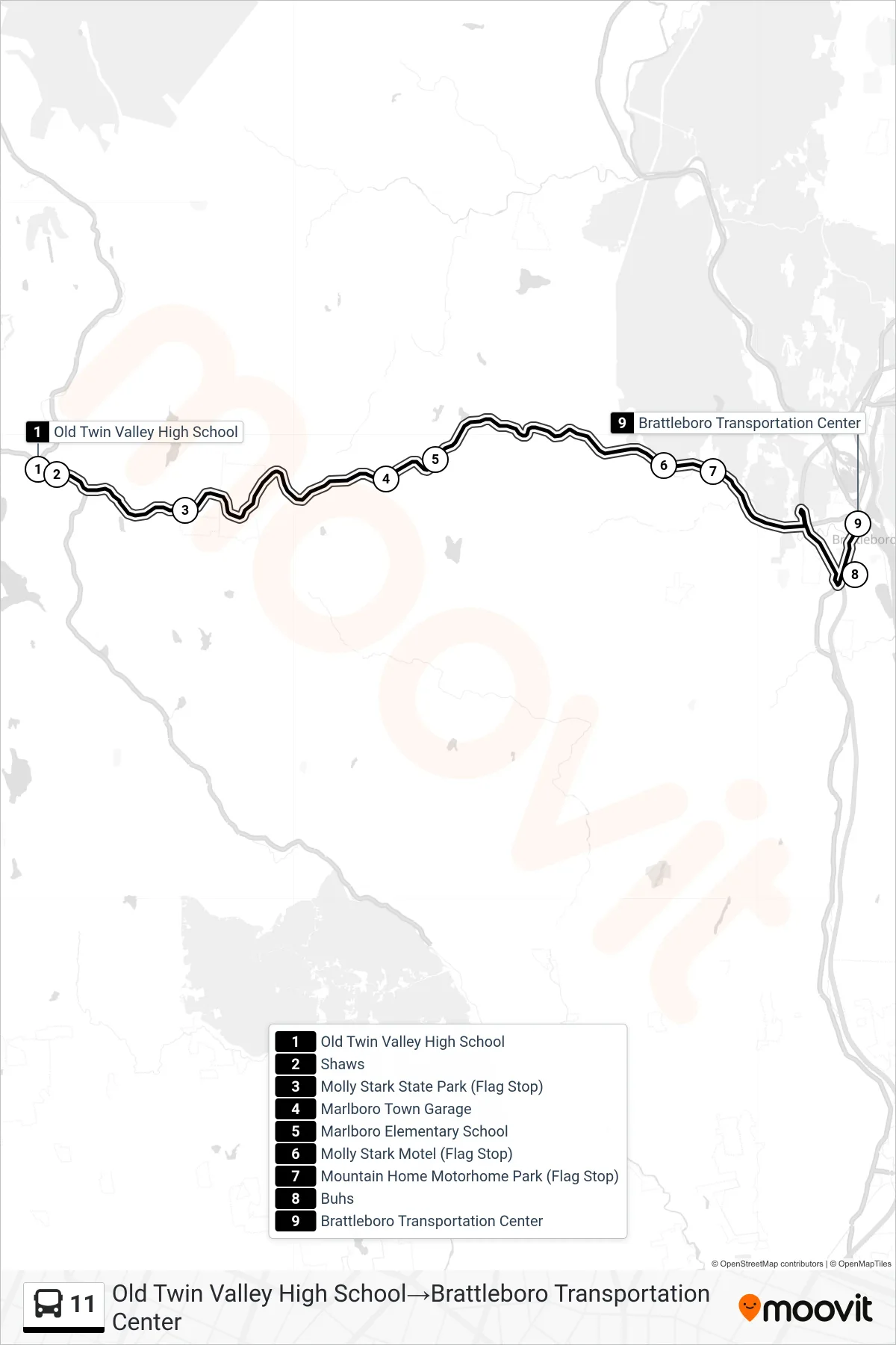 11 bus Line (Old Twin Valley High School→Brattleboro Transportation Center) route and stops on a map