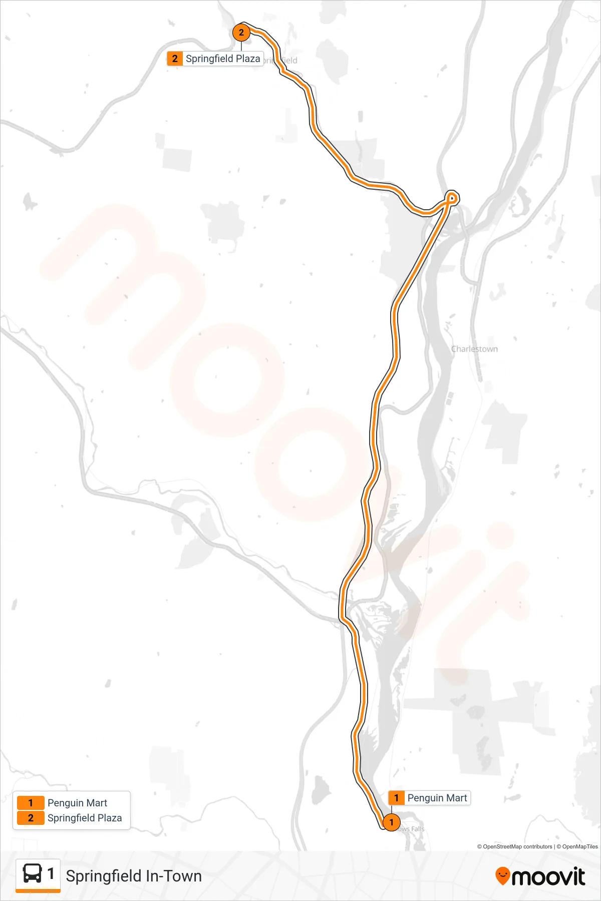 1 bus Line (Penguin Mart‎→Springfield Plaza) route and stops on a map