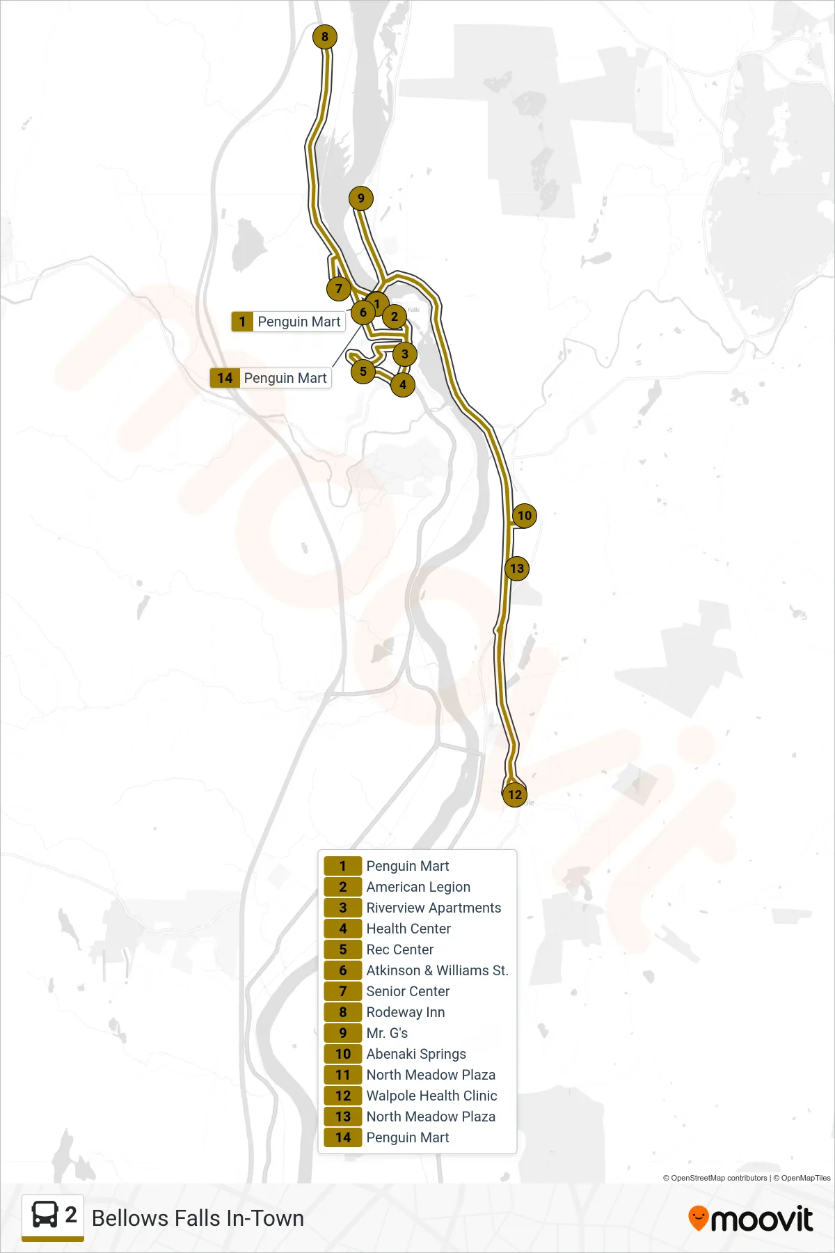 2 bus Line (Penguin Mart‎→Penguin Mart) route and stops on a map