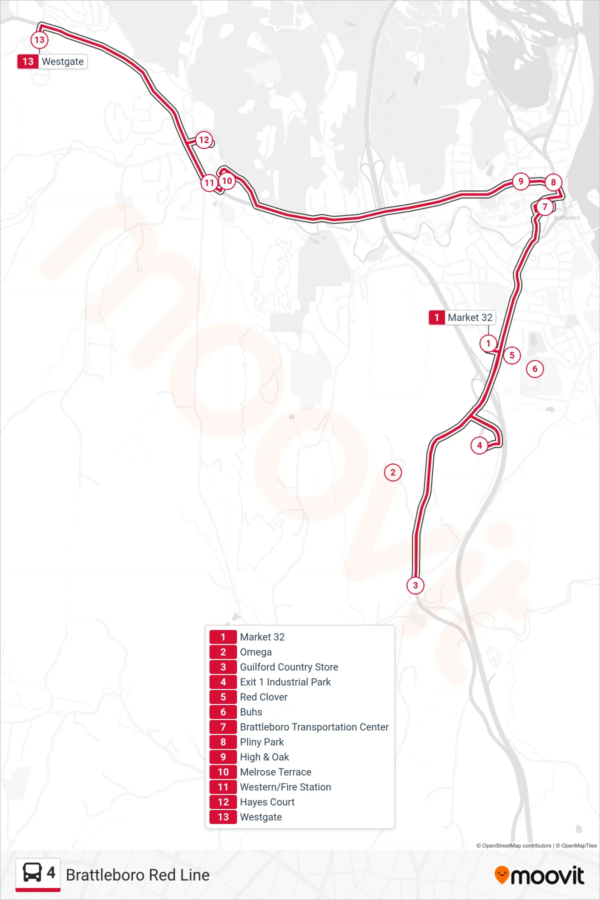 4 bus Line (Market 32‎→Westgate) route and stops on a map