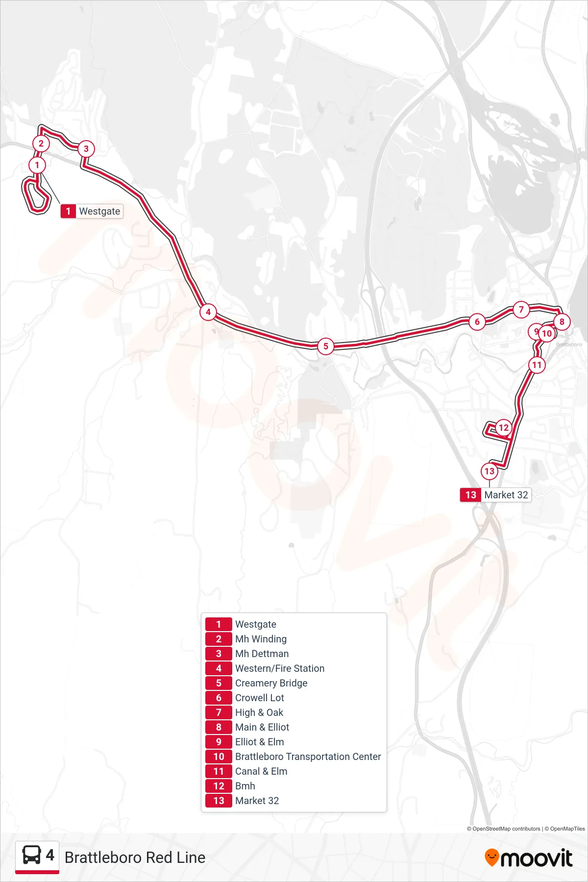 4 bus Line (Westgate→Market 32) route and stops on a map