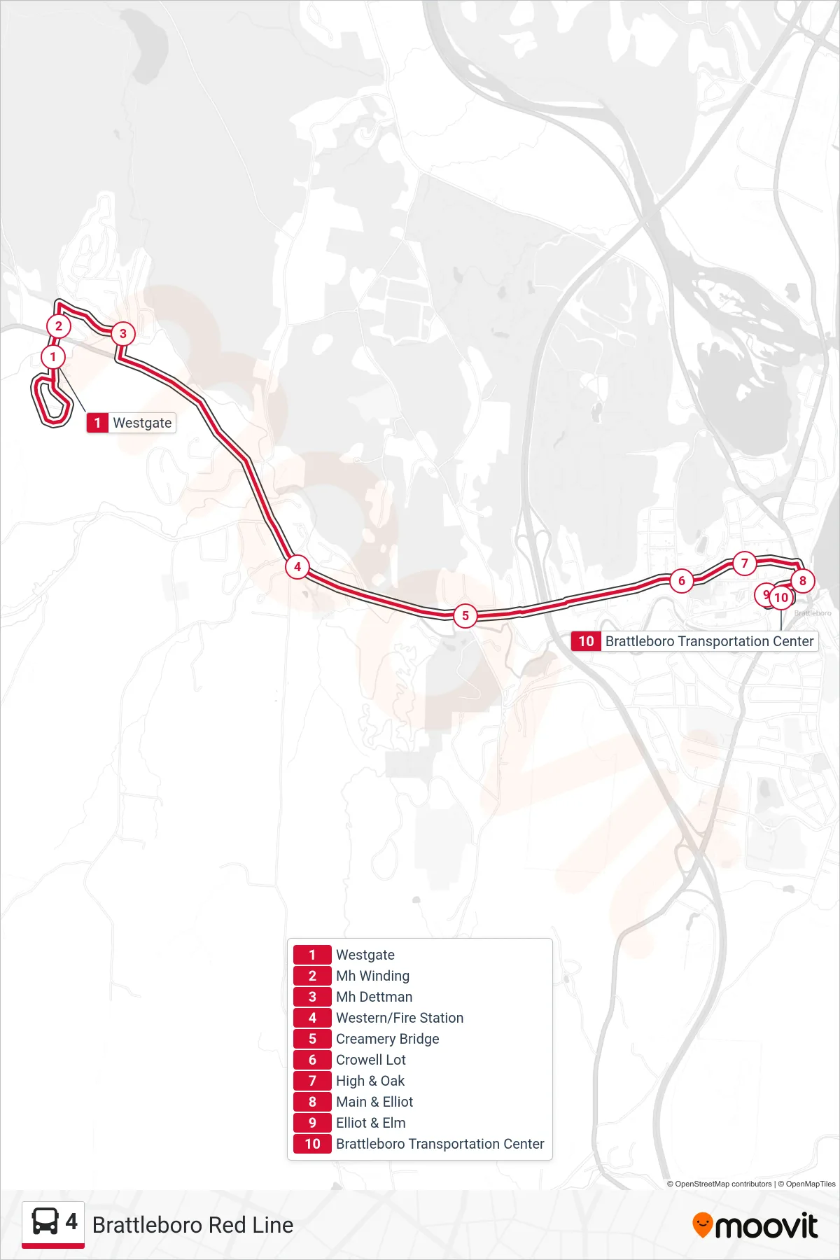 4 bus Line (Westgate‎→Brattleboro Transportation Center) route and stops on a map
