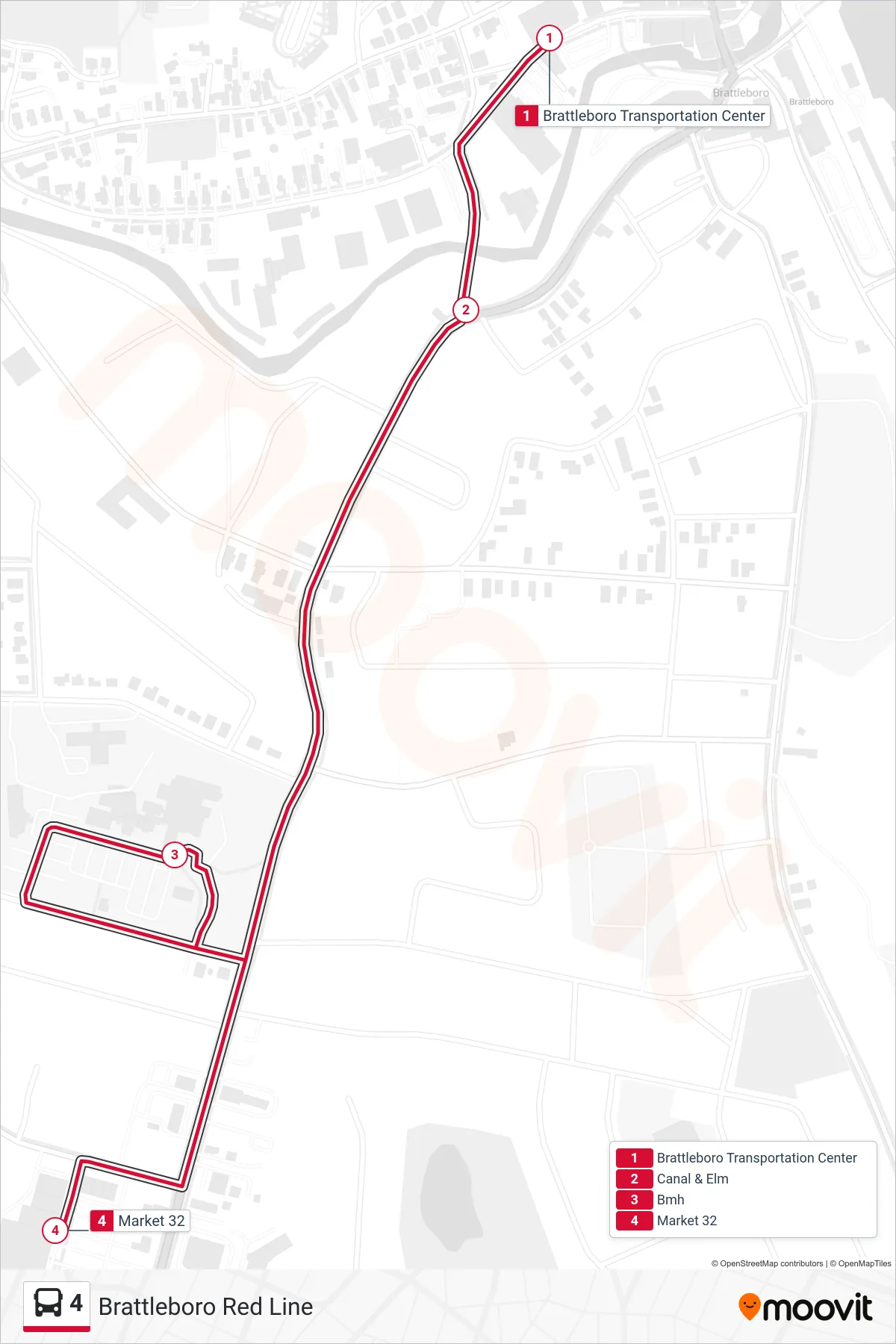 4 bus Line (Brattleboro Transportation Center‎→Market 32) route and stops on a map