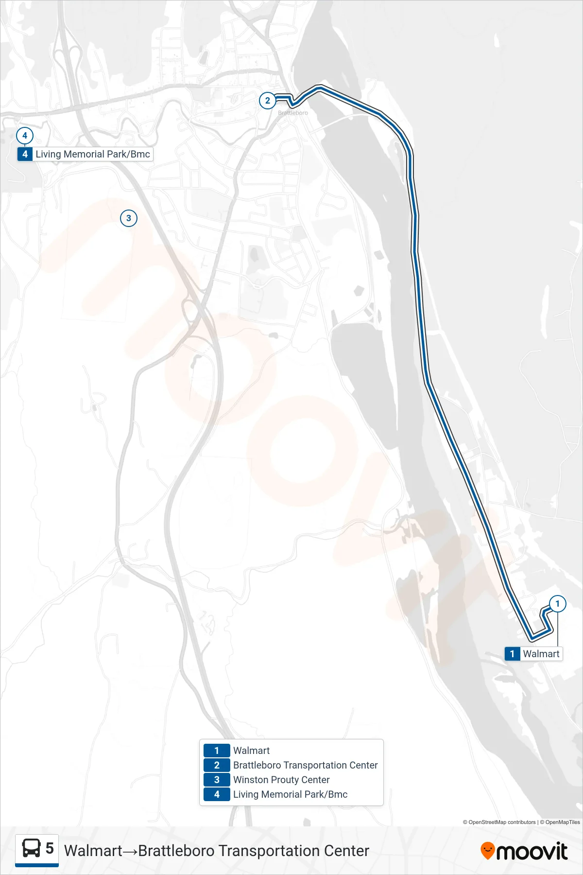 5 bus Line (Walmart→Brattleboro Transportation Center) route and stops on a map
