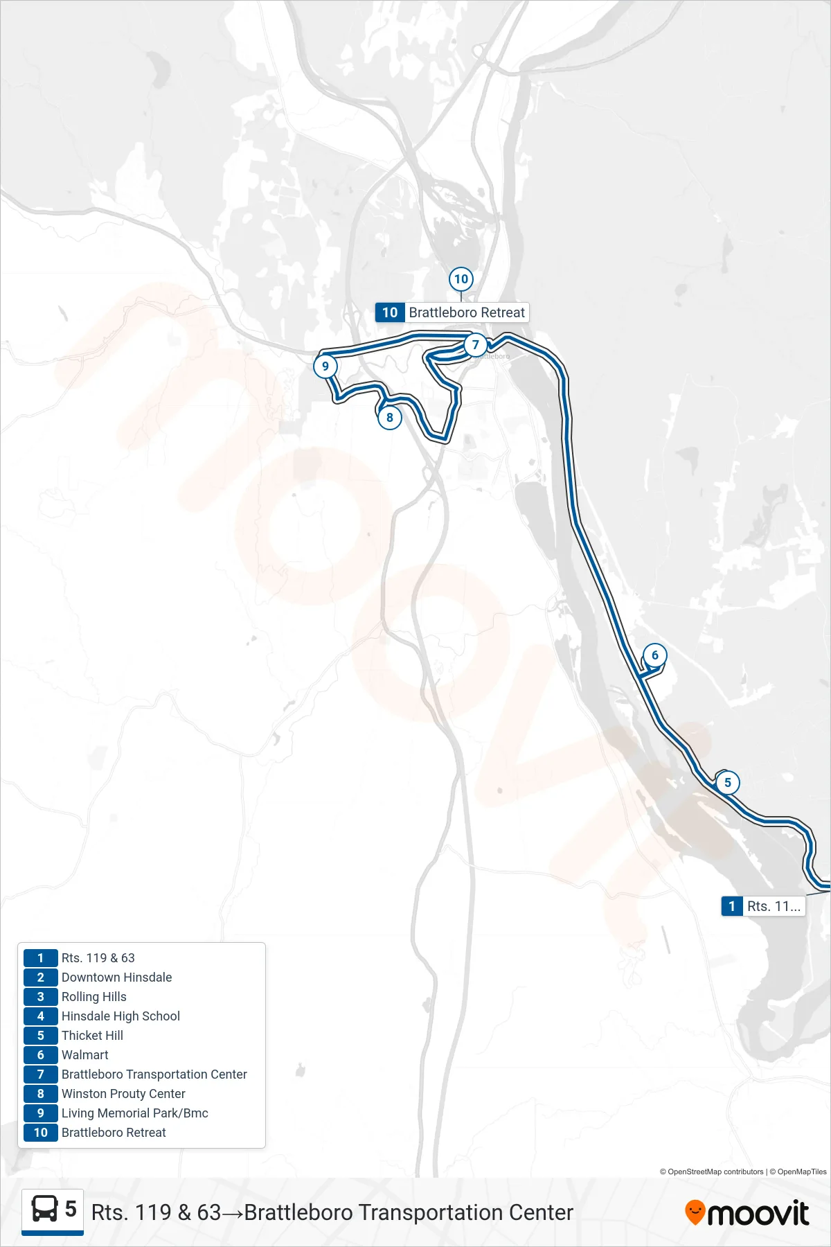 5 bus Line (Rts. 119 & 63→Brattleboro Transportation Center) route and stops on a map
