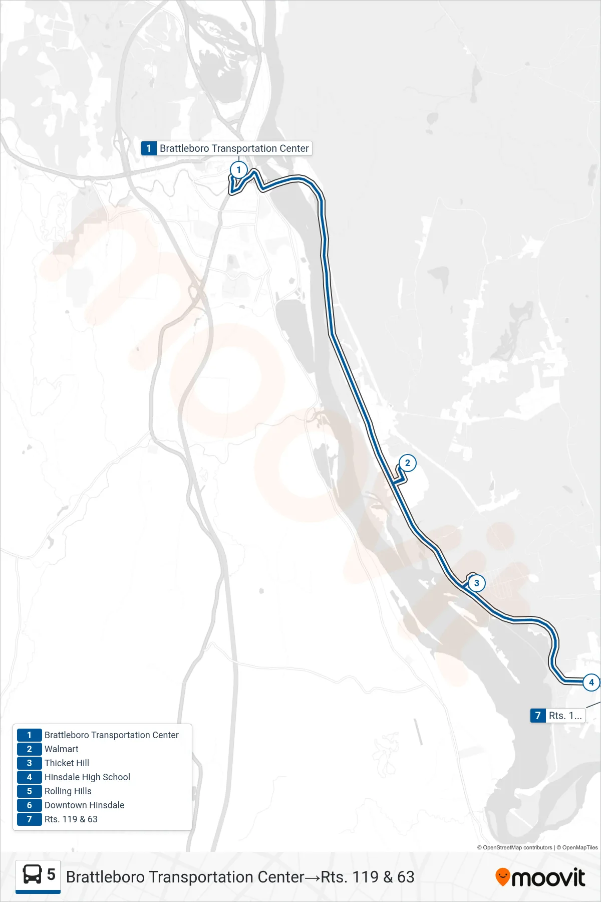 5 bus Line (Brattleboro Transportation Center‎→Rts. 119 & 63) route and stops on a map
