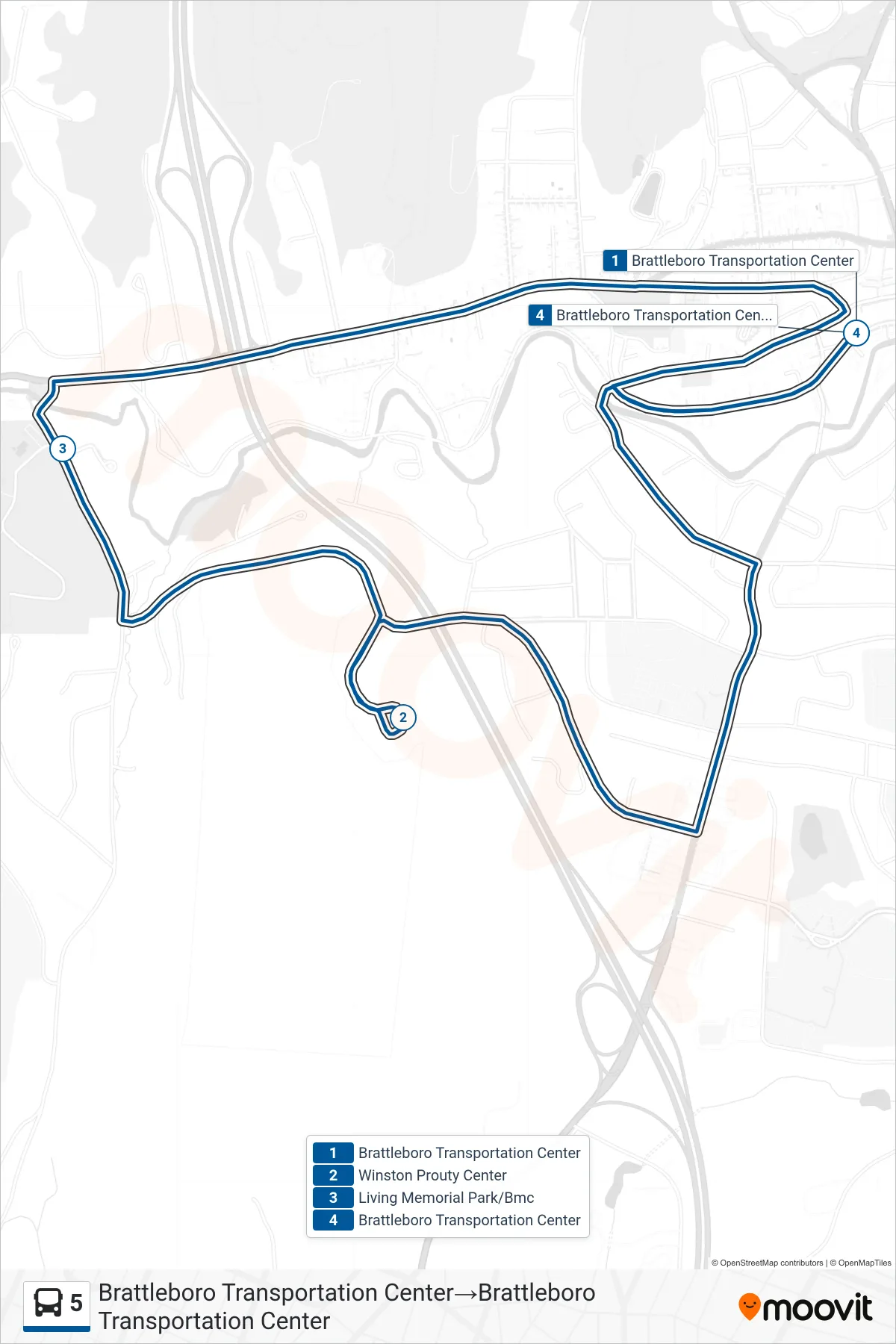 5 bus Line (Brattleboro Transportation Center‎→Brattleboro Transportation Center) route and stops on a map