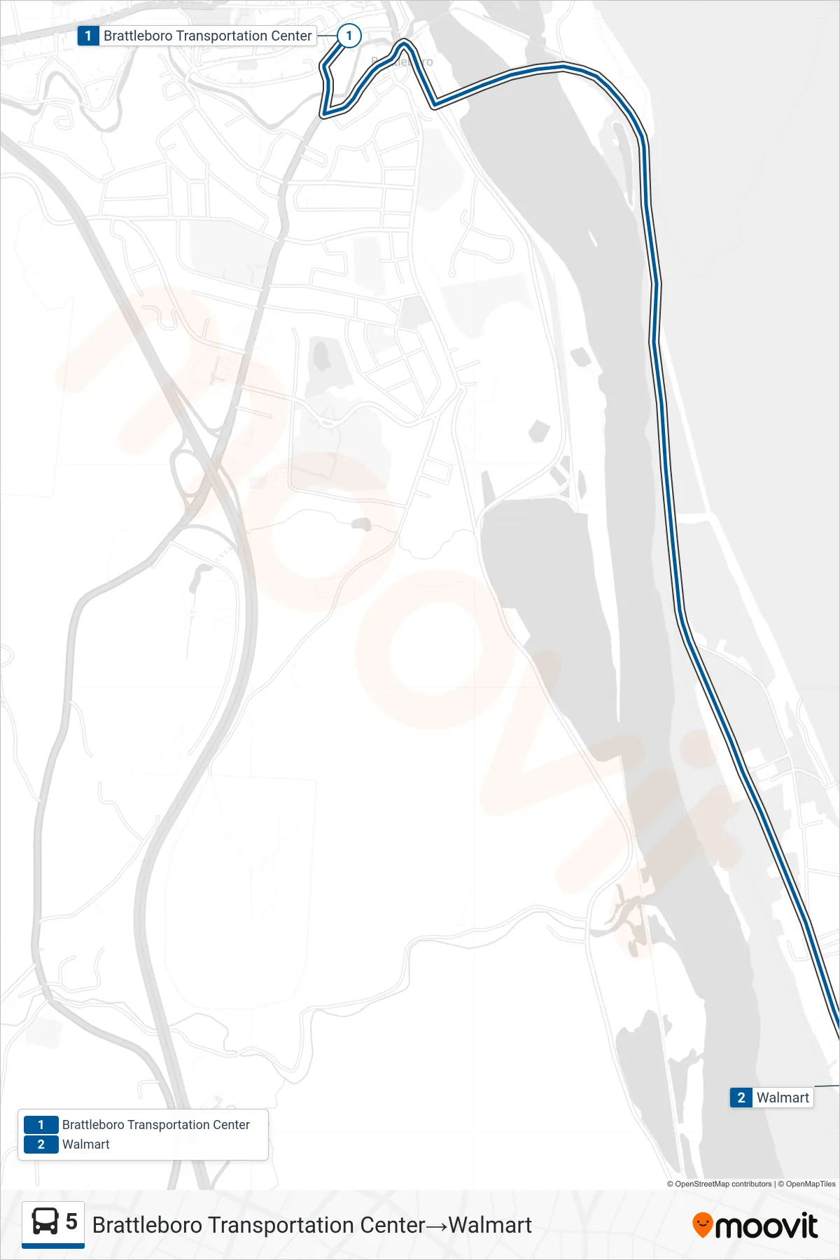 5 bus Line (Brattleboro Transportation Center→Walmart) route and stops on a map