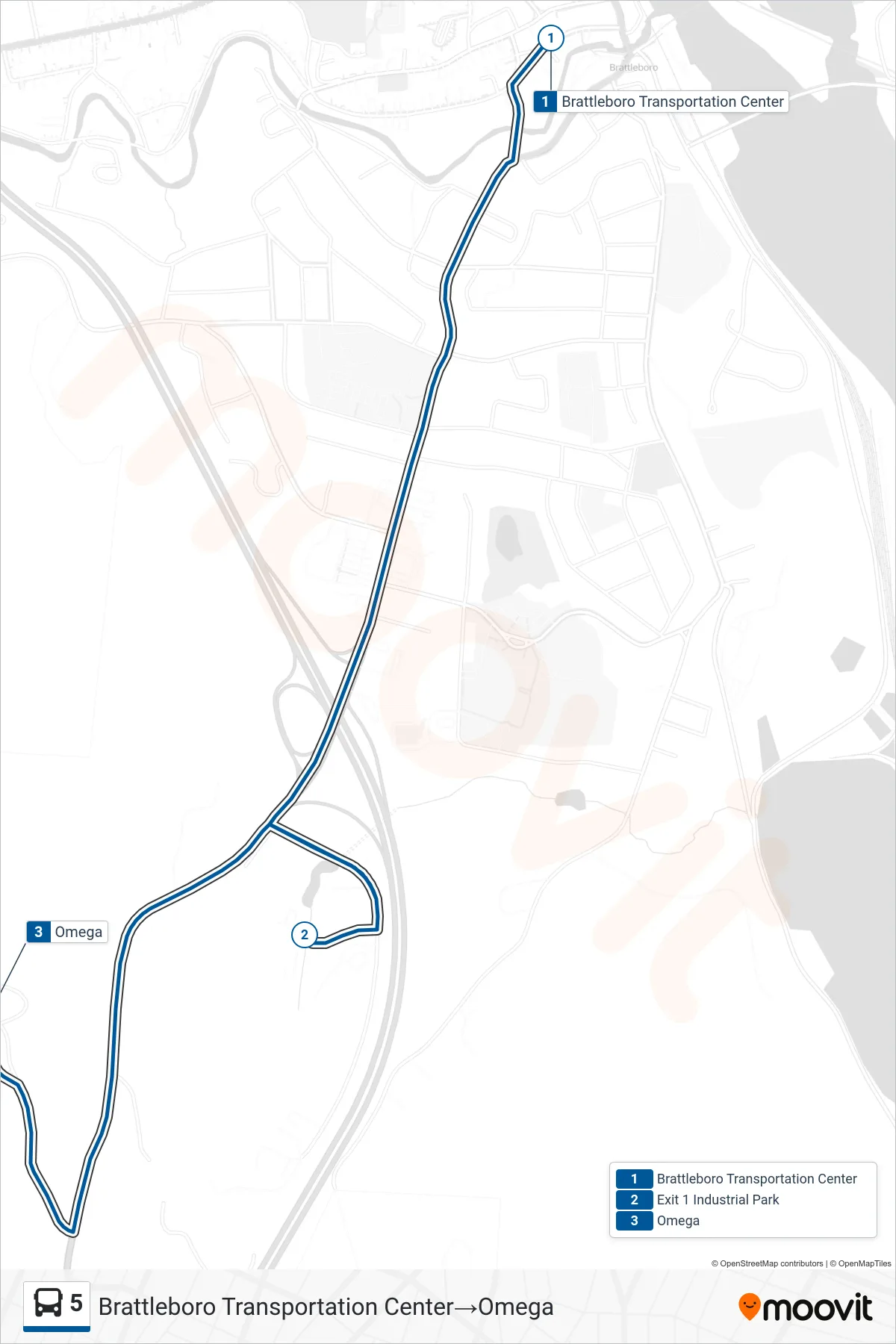 5 bus Line (Brattleboro Transportation Center‎→Omega) route and stops on a map