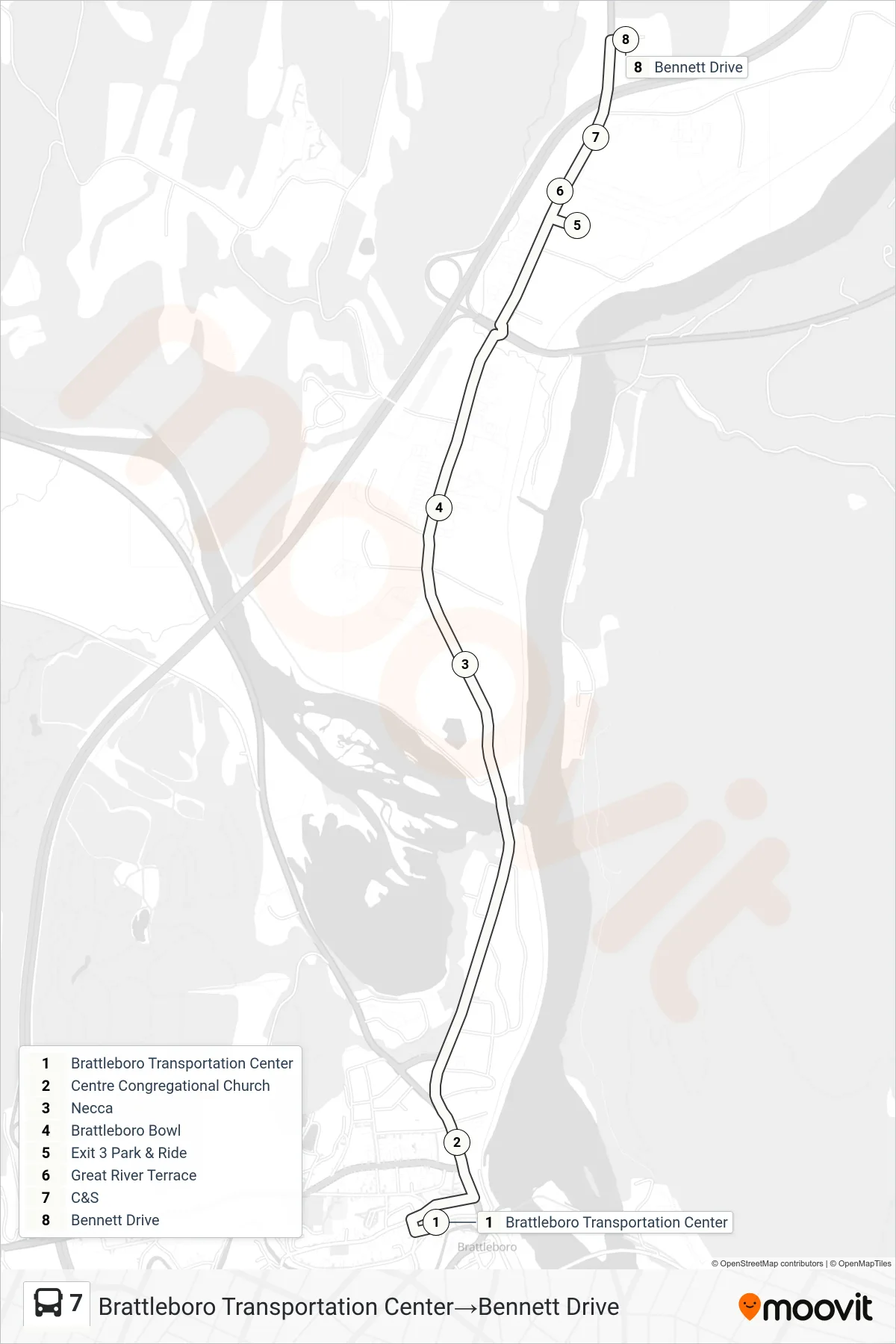 7 bus Line (Brattleboro Transportation Center→Bennett Drive) route and stops on a map