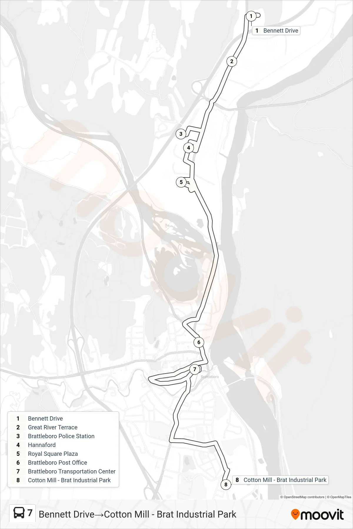 7 bus Line (Bennett Drive‎→Cotton Mill - Brat Industrial Park) route and stops on a map