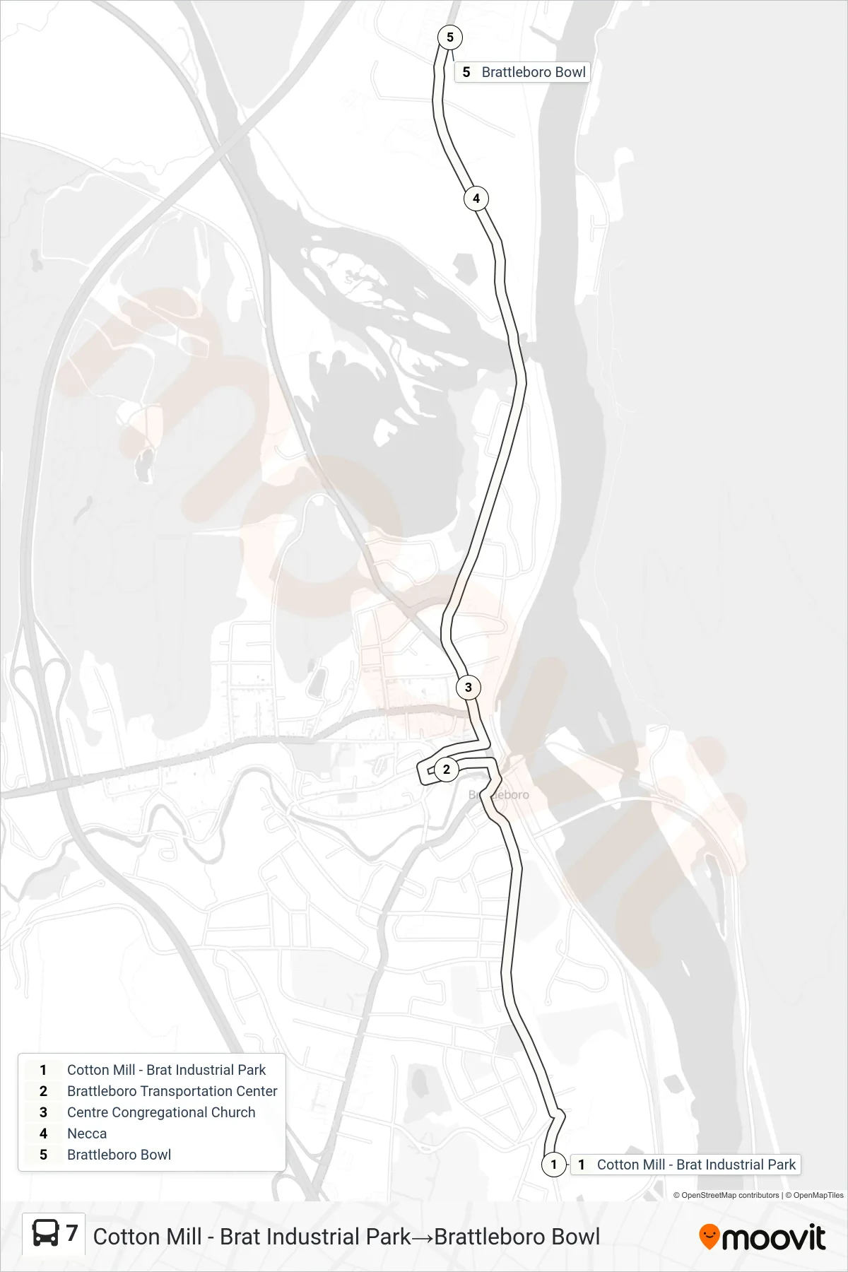 7 bus Line (Cotton Mill - Brat Industrial Park‎→Brattleboro Bowl) route and stops on a map
