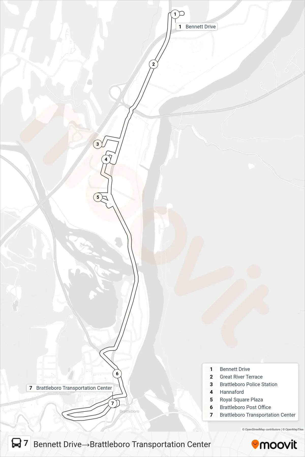 7 bus Line (Bennett Drive‎→Brattleboro Transportation Center) route and stops on a map