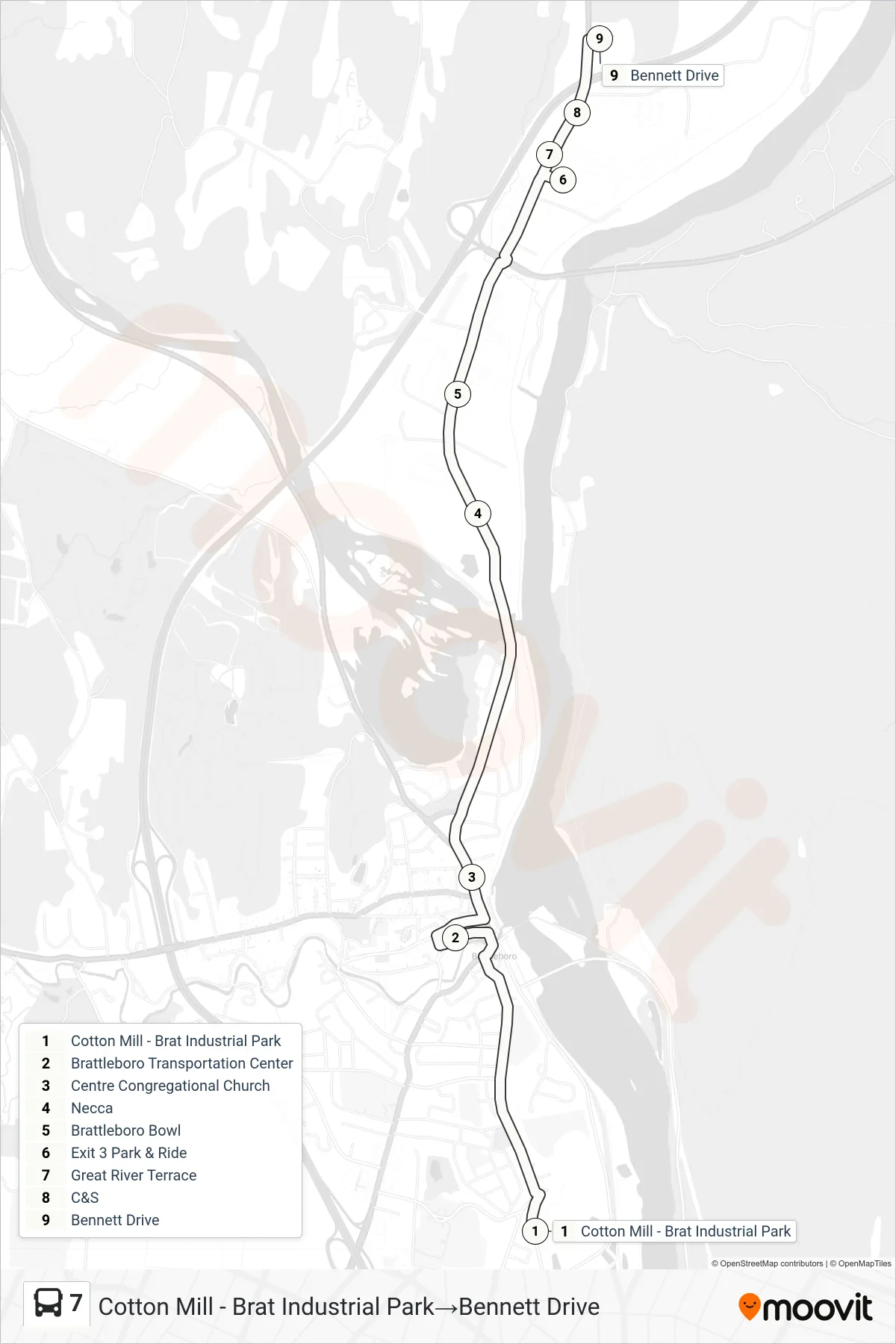 7 bus Line (Cotton Mill - Brat Industrial Park→Bennett Drive) route and stops on a map