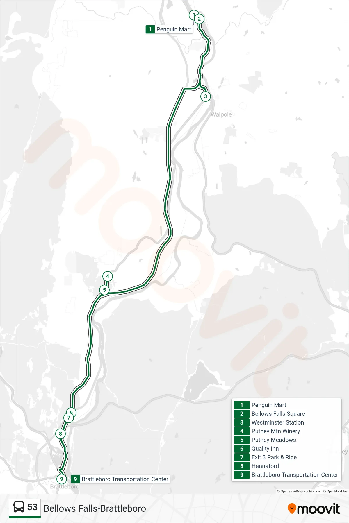 53 bus Line (Penguin Mart‎→Brattleboro Transportation Center) route and stops on a map