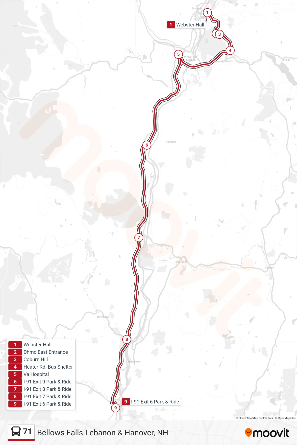 71 bus Line (Webster Hall→I-91 Exit 6 Park & Ride) route and stops on a map