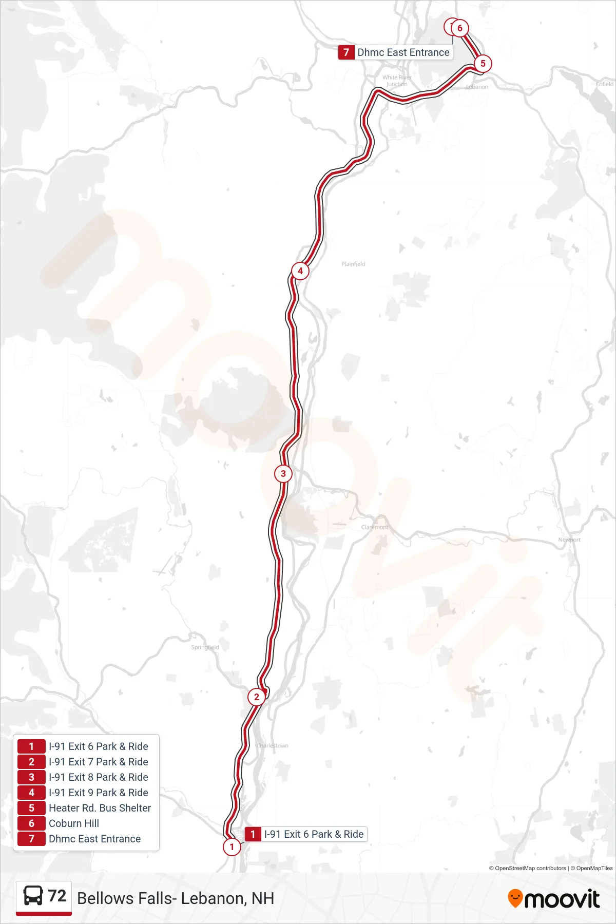 72 bus Line (I-91 Exit 6 Park & Ride→Dhmc East Entrance) route and stops on a map