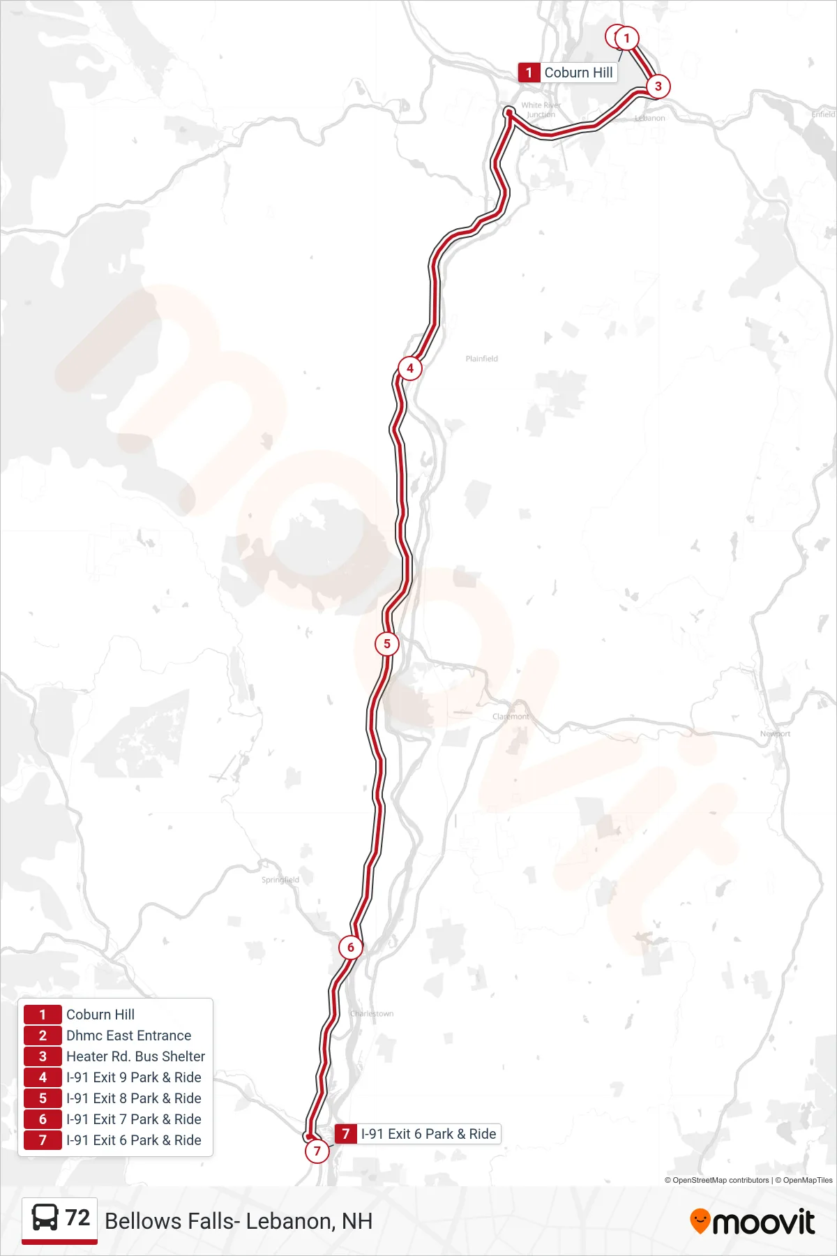 72 bus Line (Coburn Hill‎→I-91 Exit 6 Park & Ride) route and stops on a map