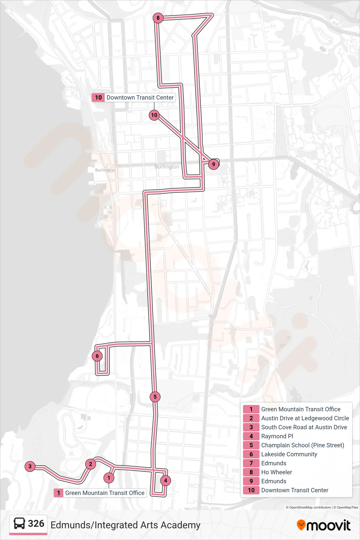326 bus Line (Green Mountain Transit Office→Downtown Transit Center - B, D, F, H, J) route and stops on a map