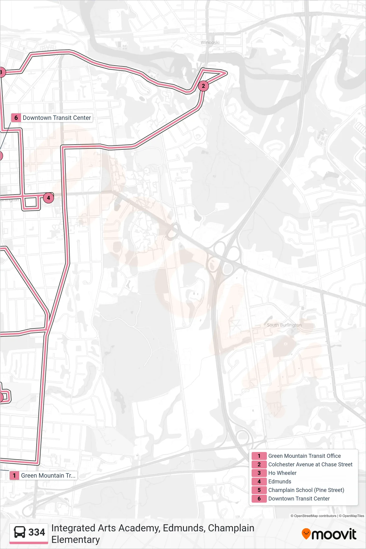 334 bus Line (Green Mountain Transit Office‎→Downtown Transit Center - B, D, F, H, J) route and stops on a map