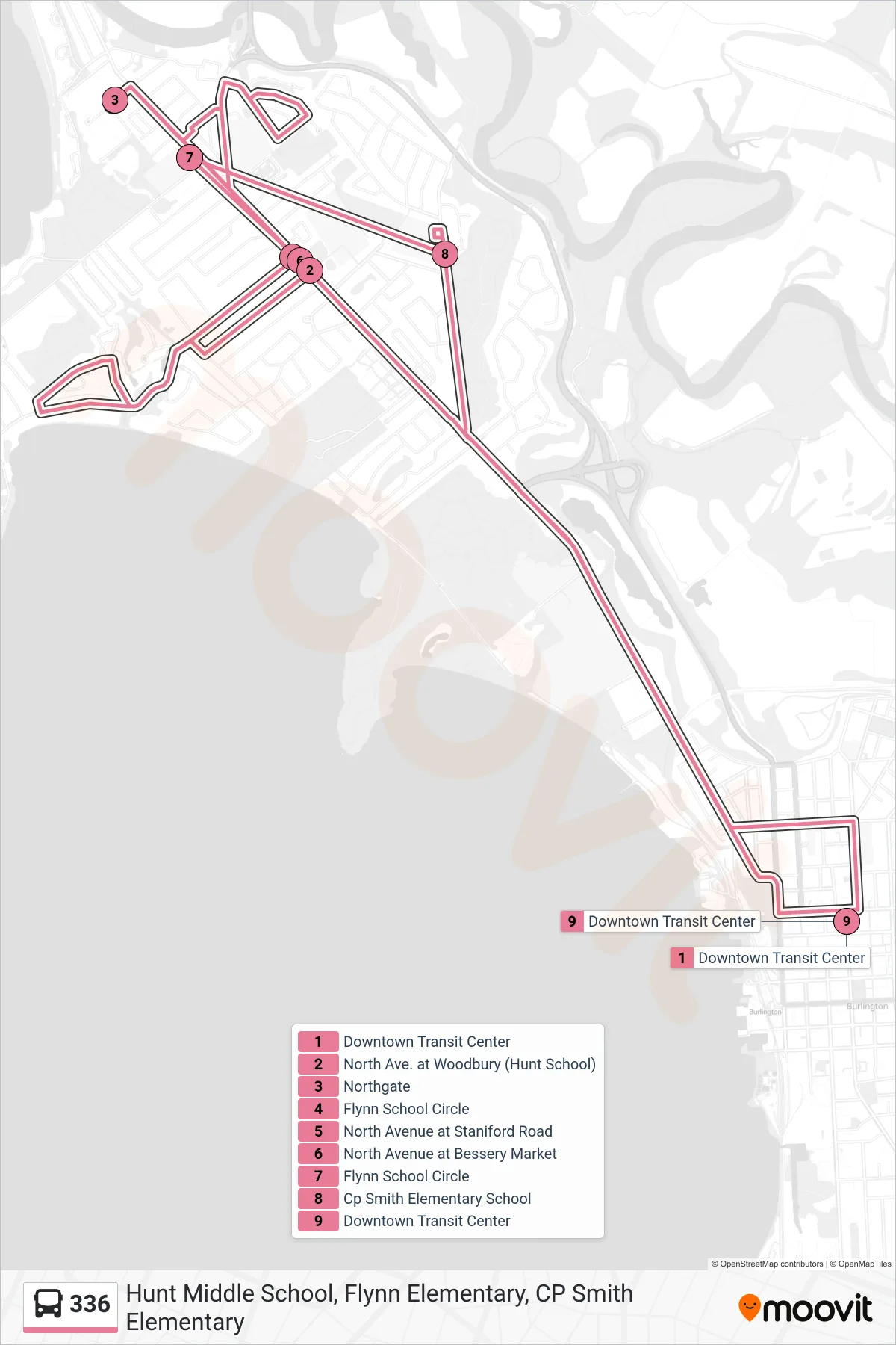 336 bus Line (Downtown Transit Center - B, D, F, H, J→Downtown Transit Center - B, D, F, H, J) route and stops on a map