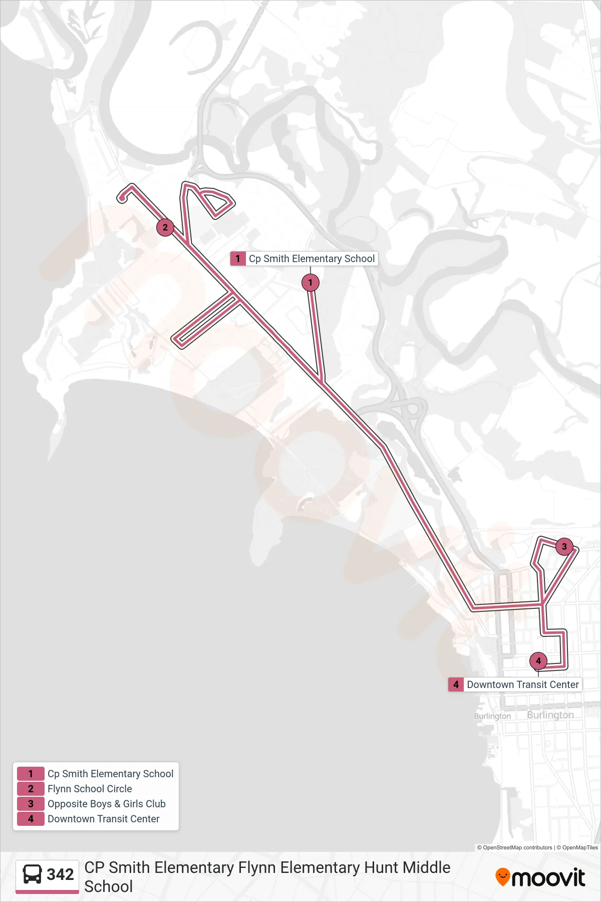 342 bus Line (Cp Smith Elementary School→Downtown Transit Center - B, D, F, H, J) route and stops on a map