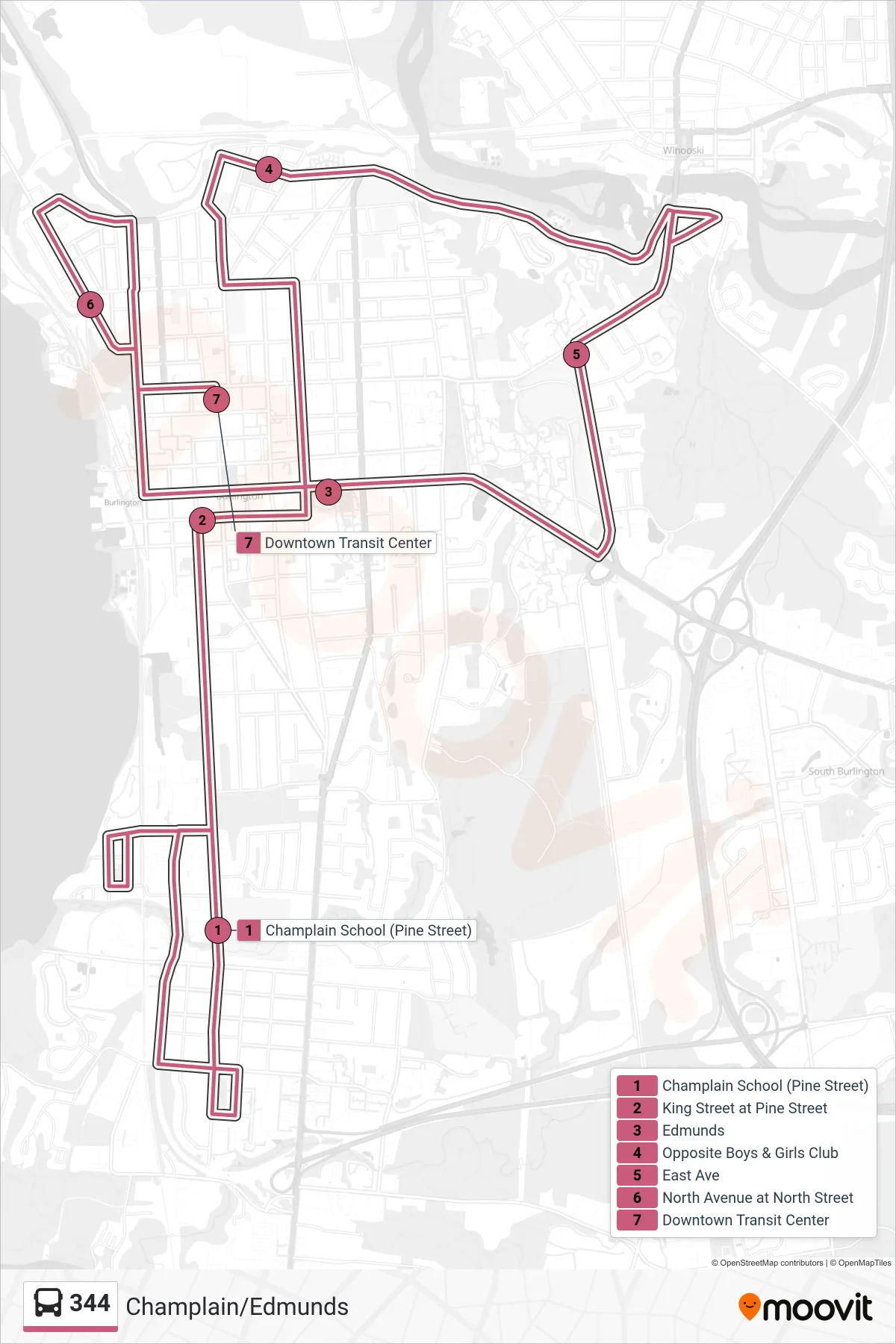 344 bus Line (Champlain School (Pine Street)‎→Downtown Transit Center - B, D, F, H, J) route and stops on a map