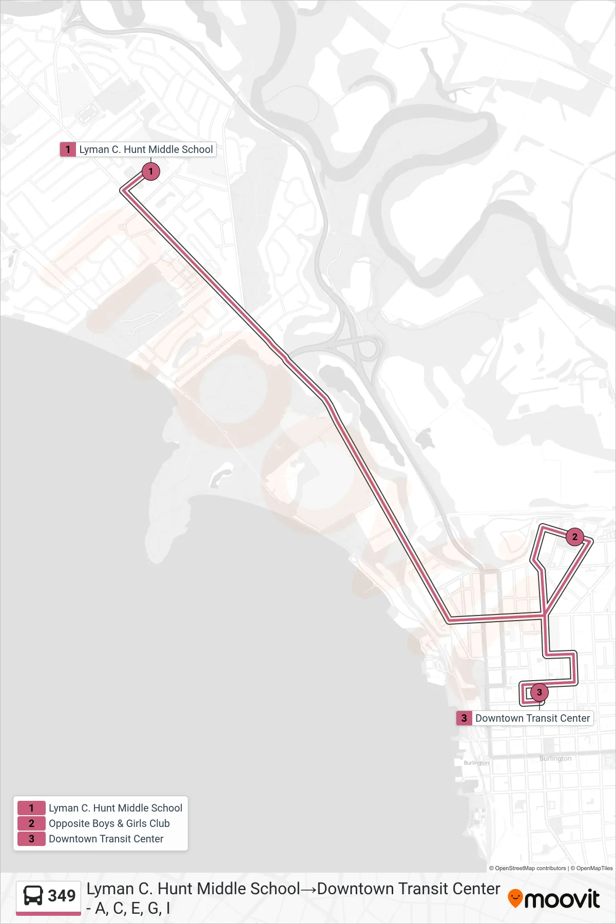 349 bus Line (Lyman C. Hunt Middle School→Downtown Transit Center - A, C, E, G, I) route and stops on a map