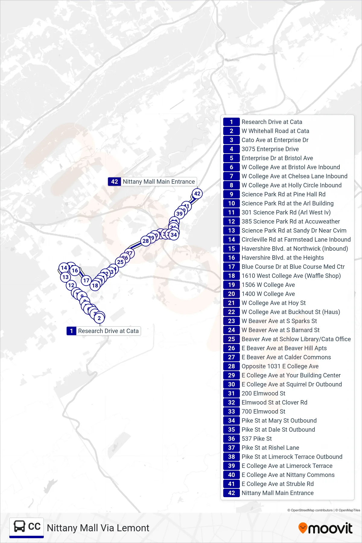 CC bus Line (Nittany Mall Via Lemont) route and stops on a map