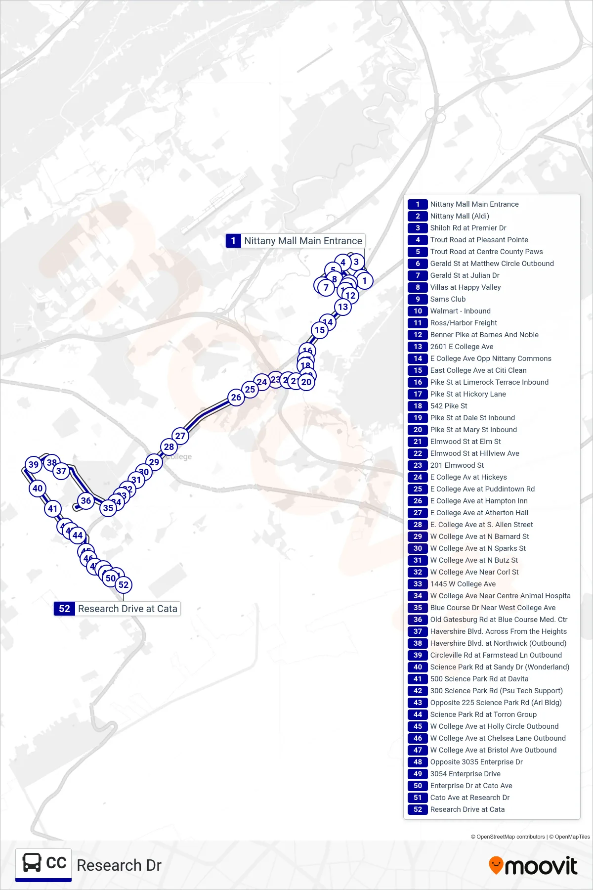 CC bus Line (Research Dr) route and stops on a map